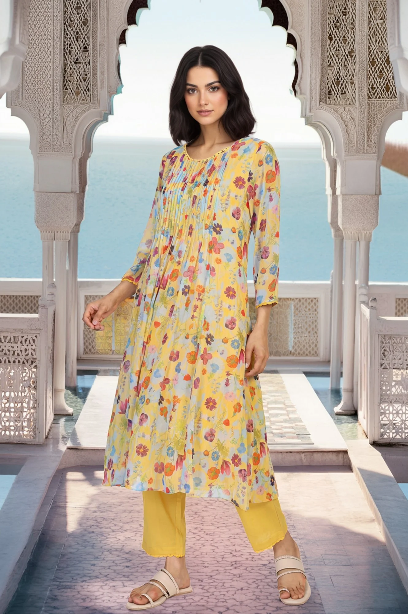 Yellow Floral Print Lace Trim Flared Chiffon Kurta with Pant and Dupatta Set - Image 6