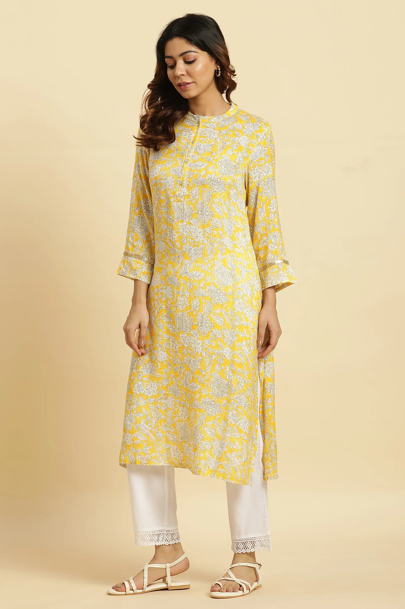 Yellow Floral Printed A-Line Kurta - Image 3