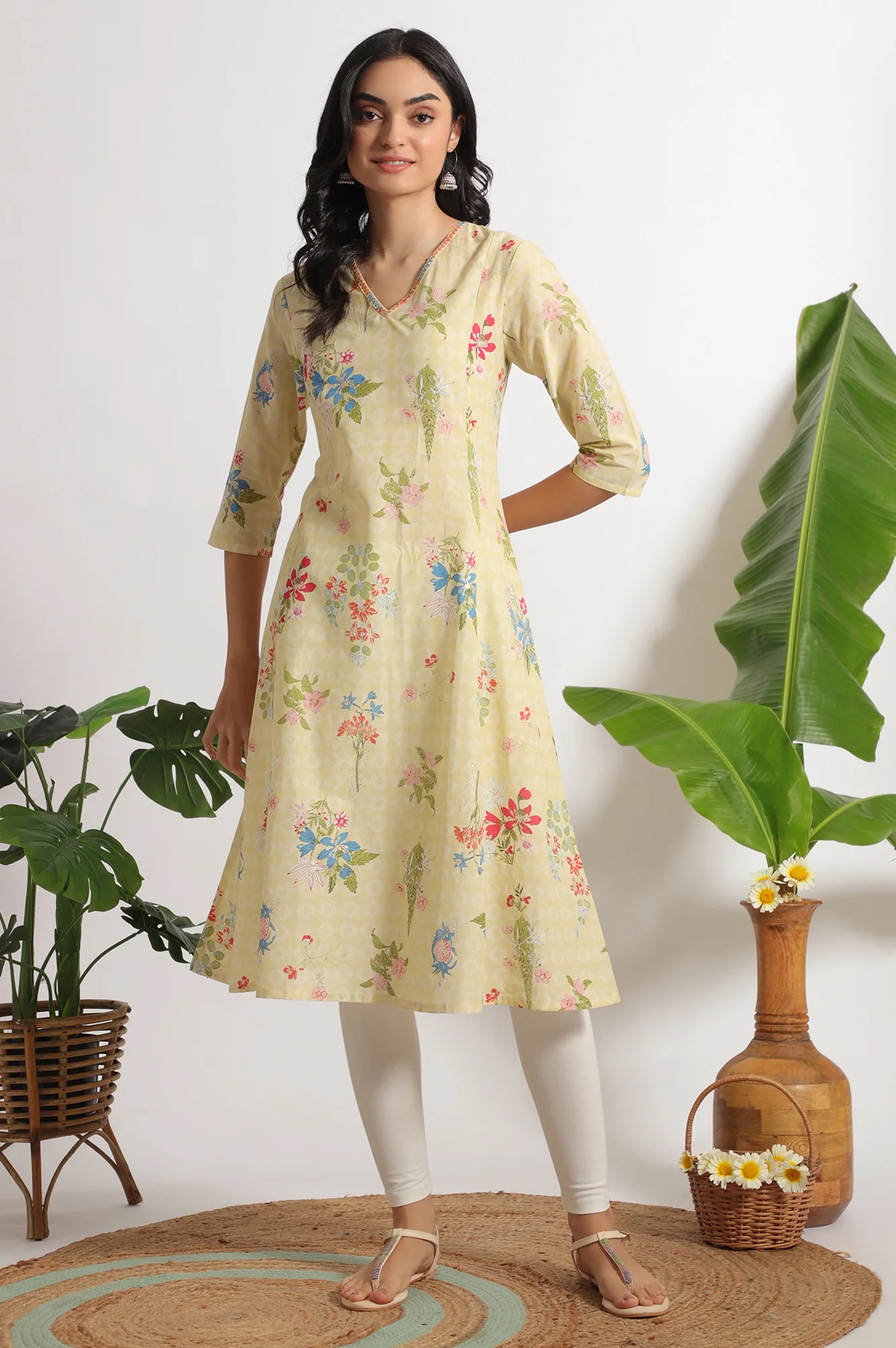 Yellow Floral Printed A-line Pure Cotton Kurta and Leggings Set - Image 2
