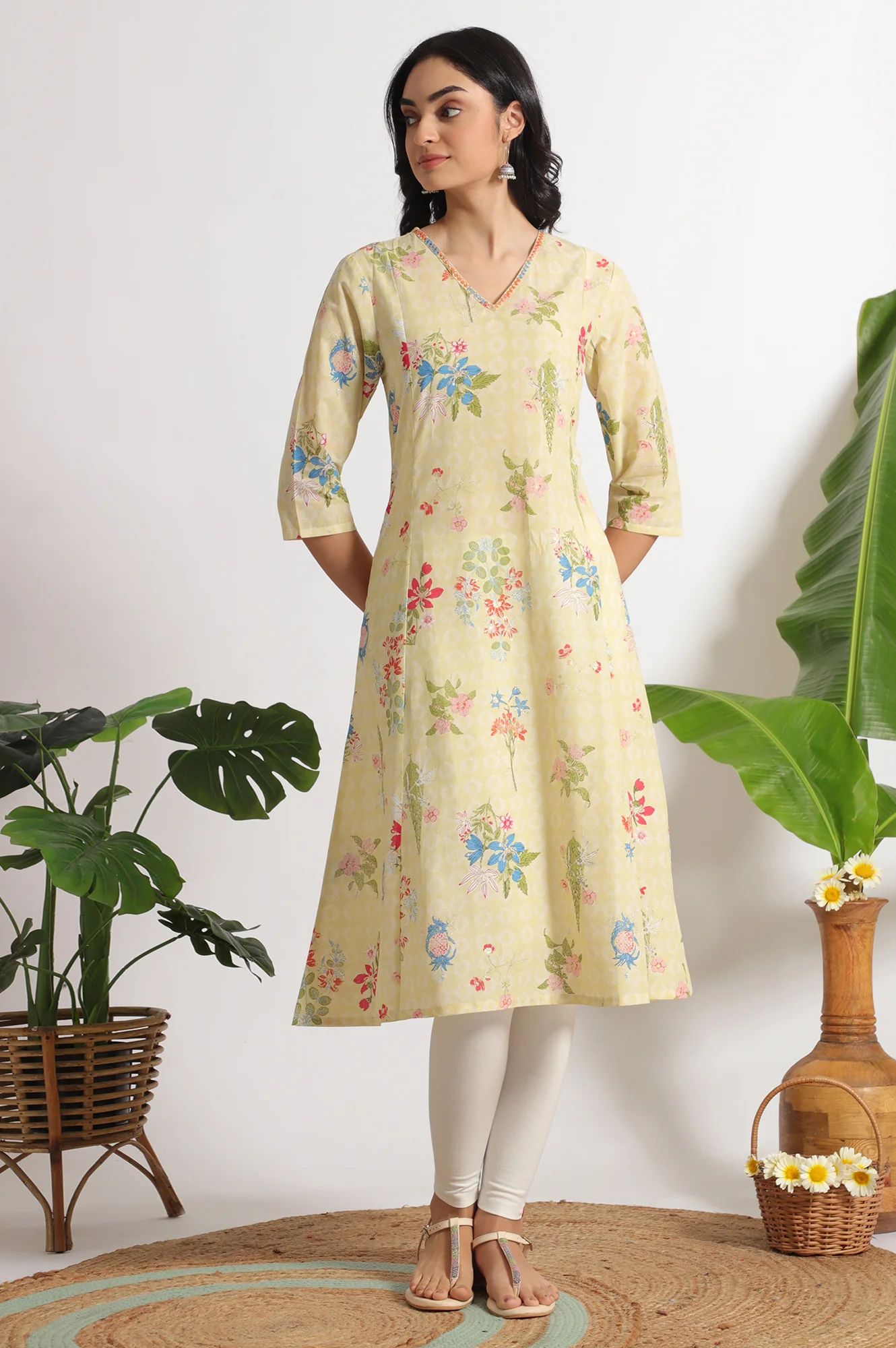 Yellow Floral Printed A-line Pure Cotton Kurta and Leggings Set - Image 3