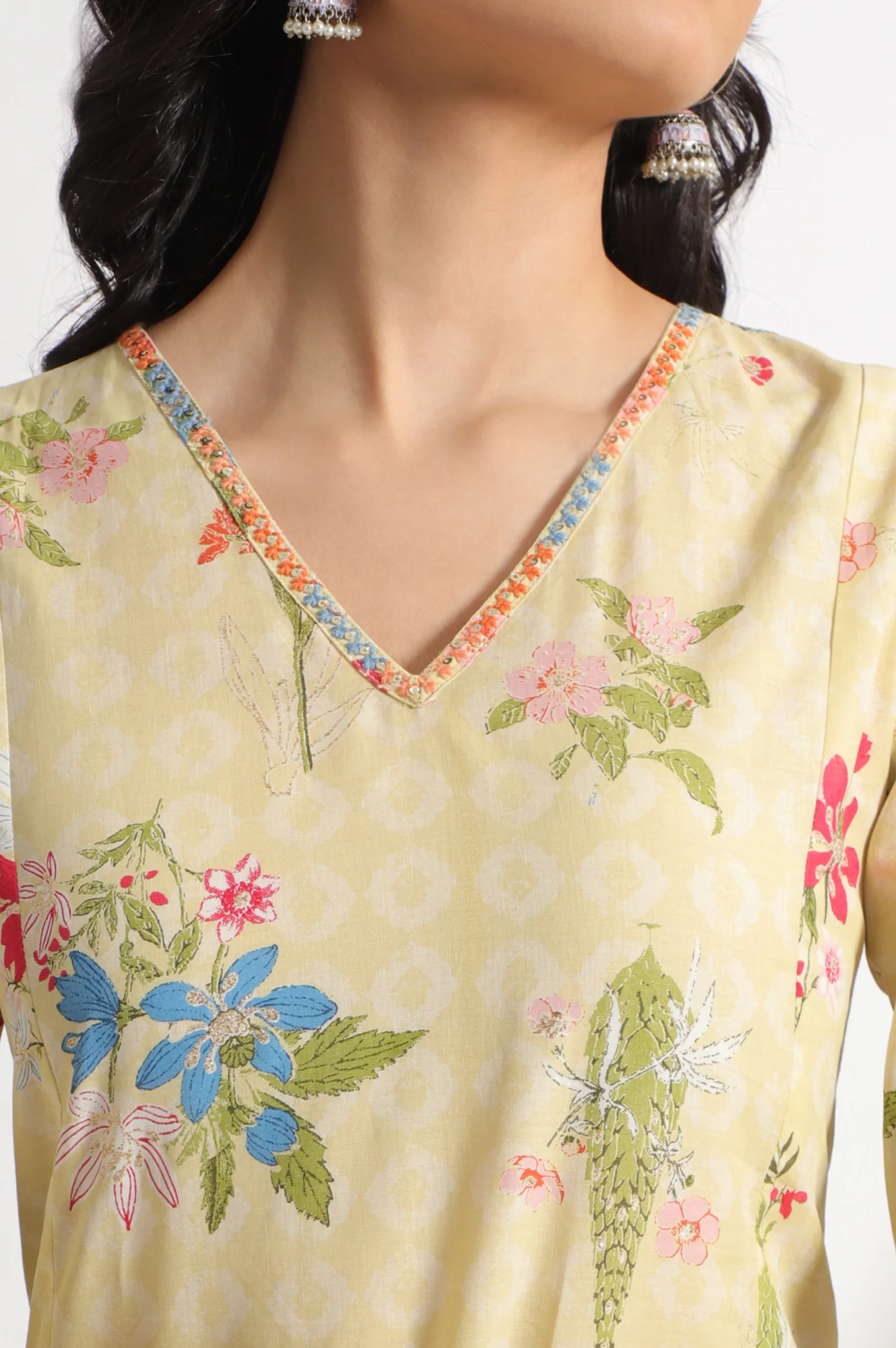 Yellow Floral Printed A-line Pure Cotton Kurta and Leggings Set - Image 4