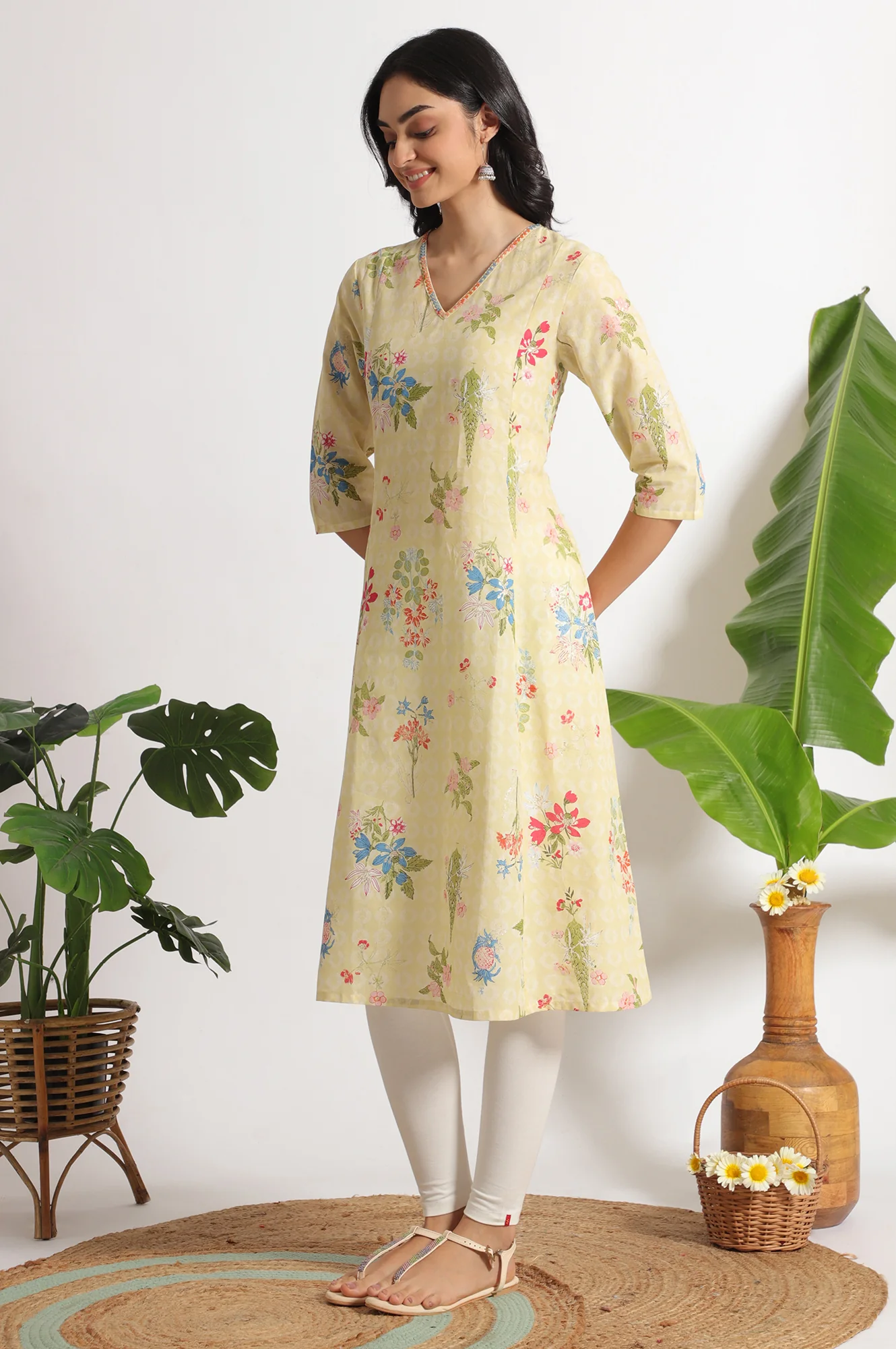 Yellow Floral Printed A-line Pure Cotton Kurta and Leggings Set - Image 5
