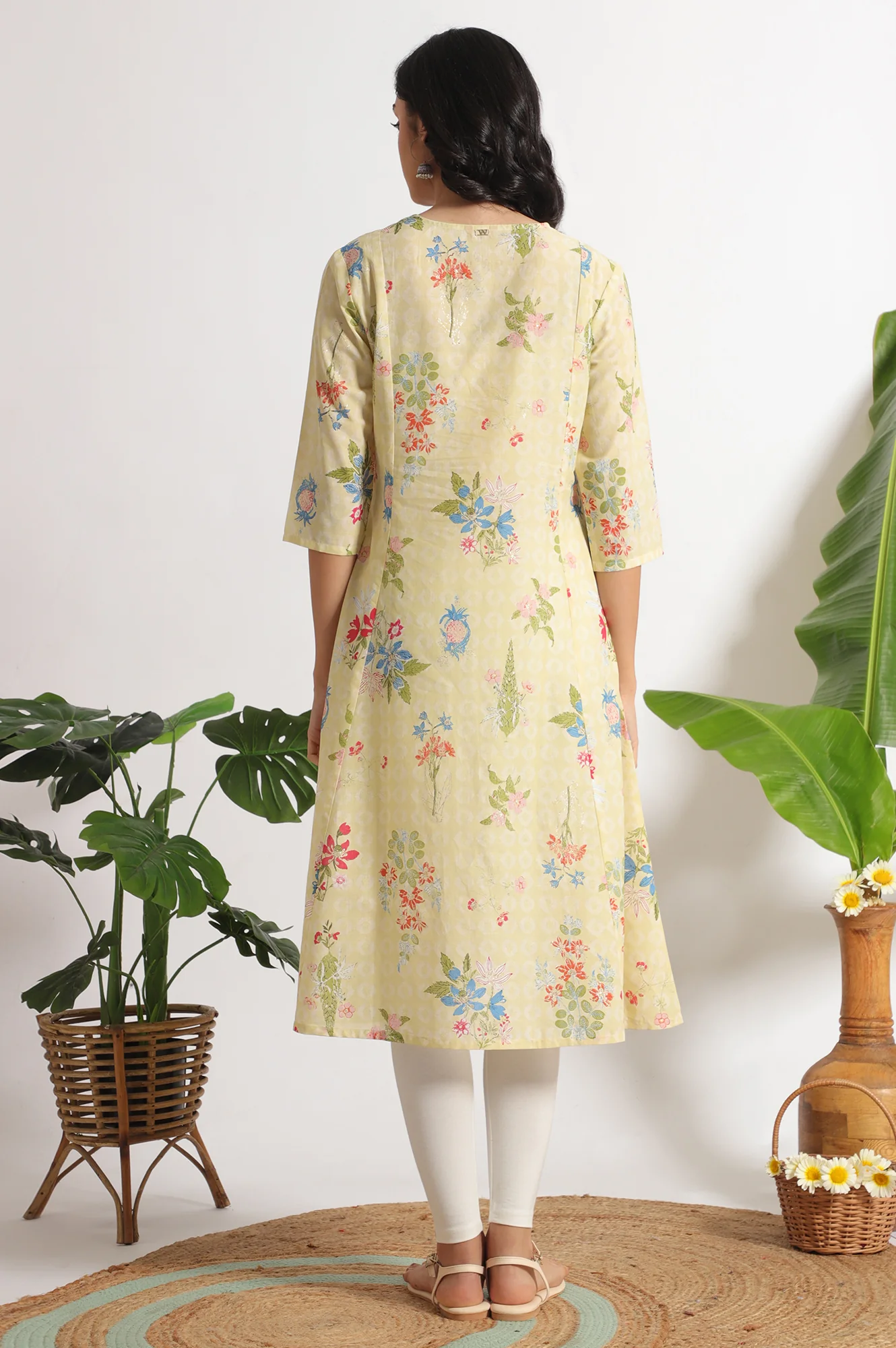 Yellow Floral Printed A-line Pure Cotton Kurta and Leggings Set - Image 6