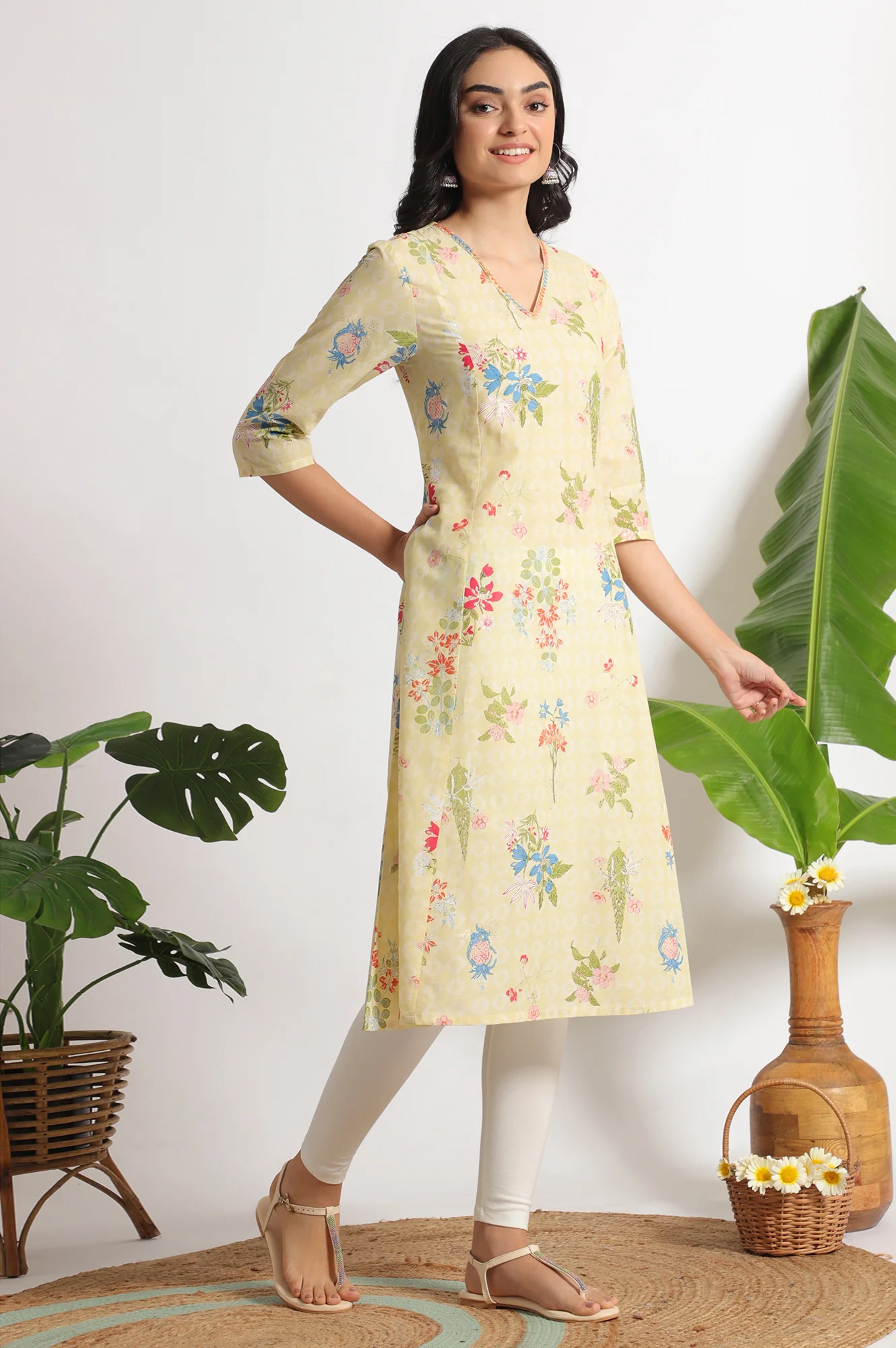Yellow Floral Printed A-line Pure Cotton Kurta and Leggings Set - Image 7
