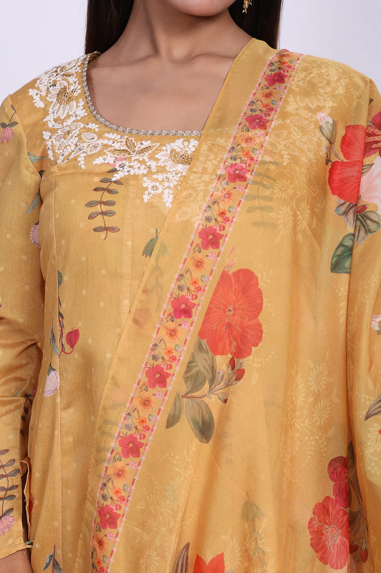 Yellow Floral Printed Anarkali Kurta with Straight Pant and Dupatta Set - Image 2