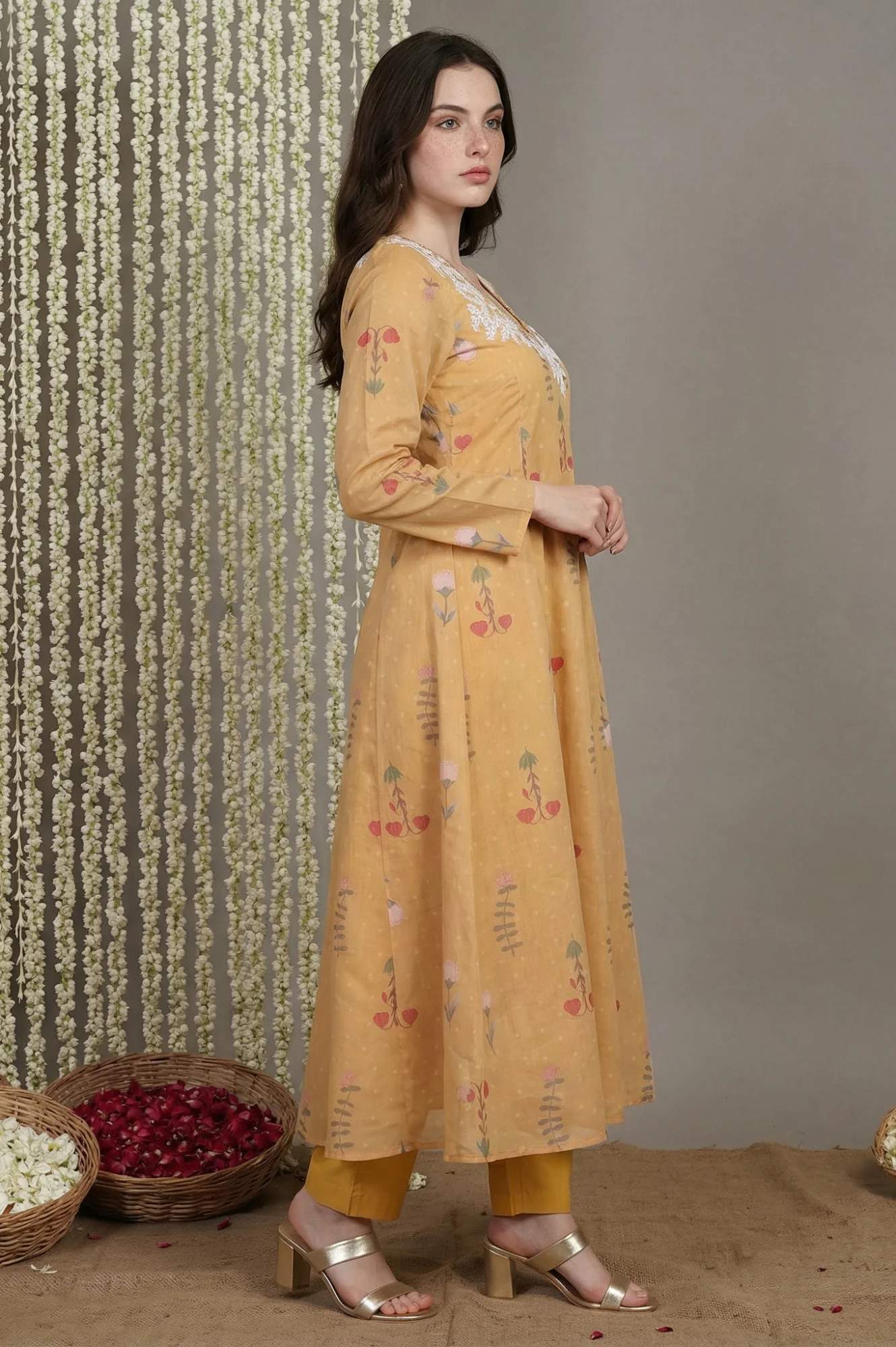 Yellow Floral Printed Anarkali Kurta with Straight Pant and Dupatta Set - Image 5