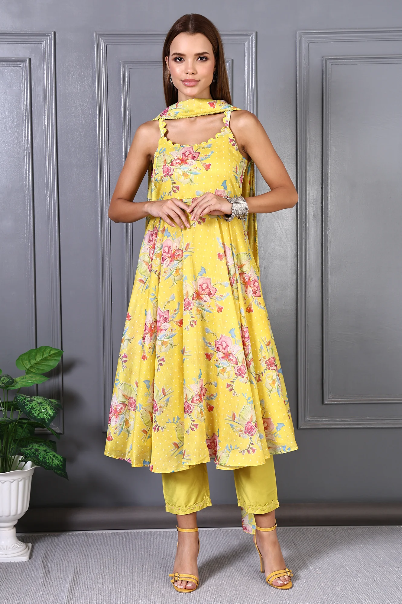 Yellow Floral Printed Beads Chanderi Flared Spaghetti Kurta, Pants and Dupatta Set - Image 2
