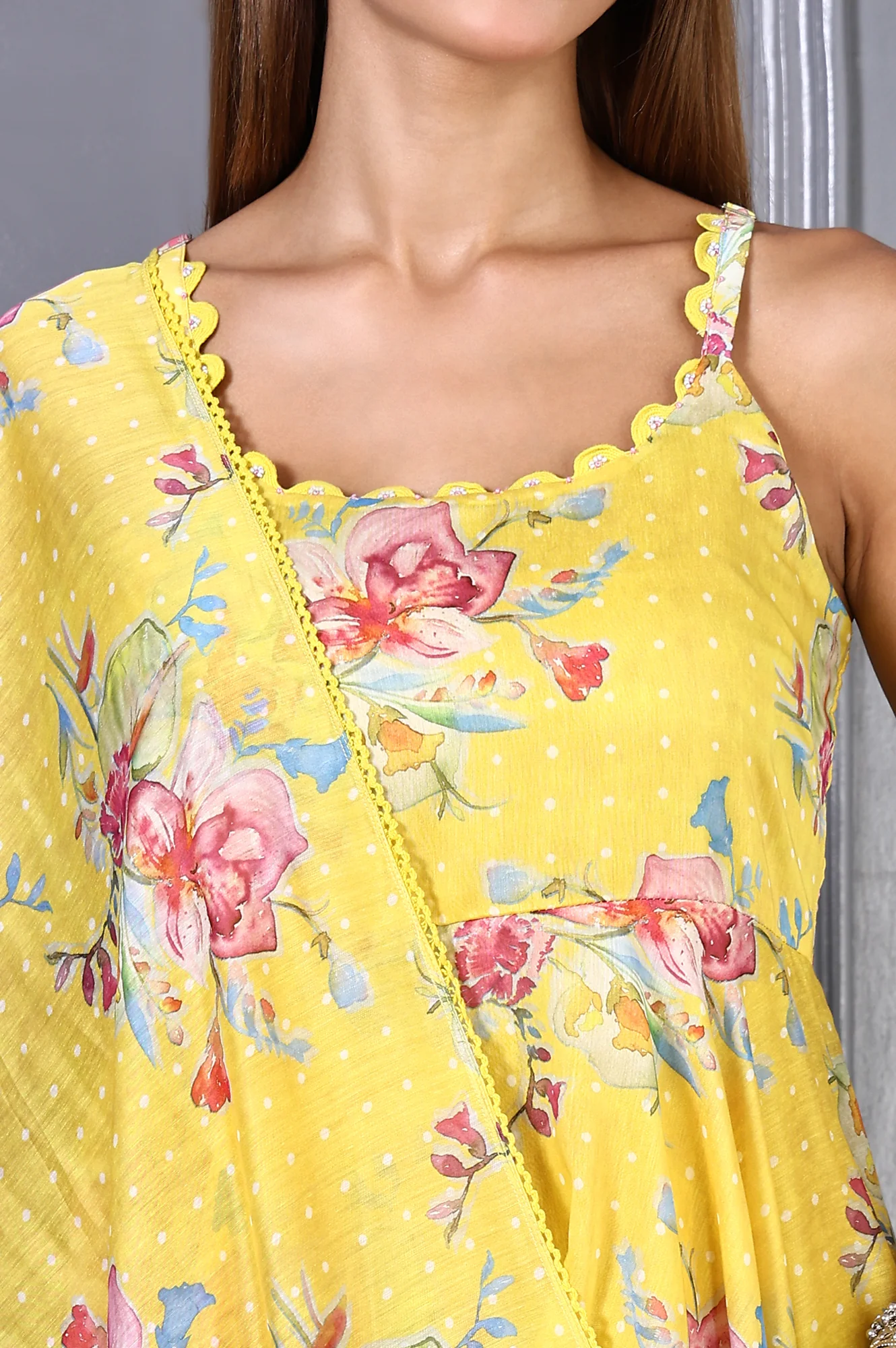 Yellow Floral Printed Beads Chanderi Flared Spaghetti Kurta, Pants and Dupatta Set - Image 3