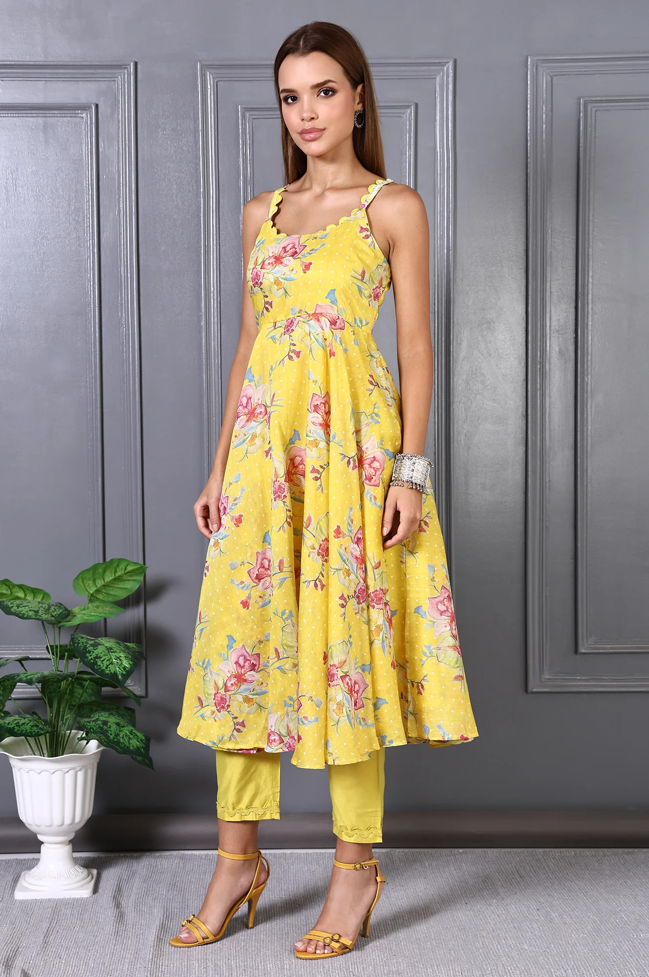 Yellow Floral Printed Beads Chanderi Flared Spaghetti Kurta, Pants and Dupatta Set - Image 4