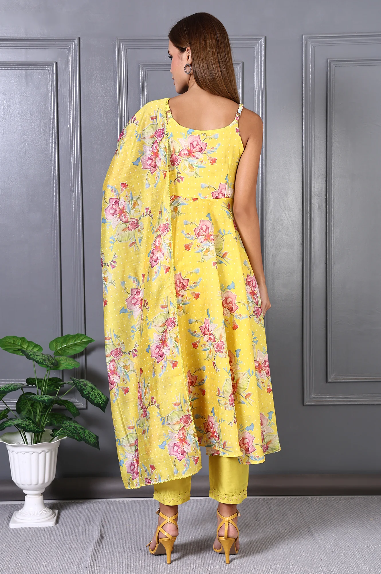Yellow Floral Printed Beads Chanderi Flared Spaghetti Kurta, Pants and Dupatta Set - Image 5