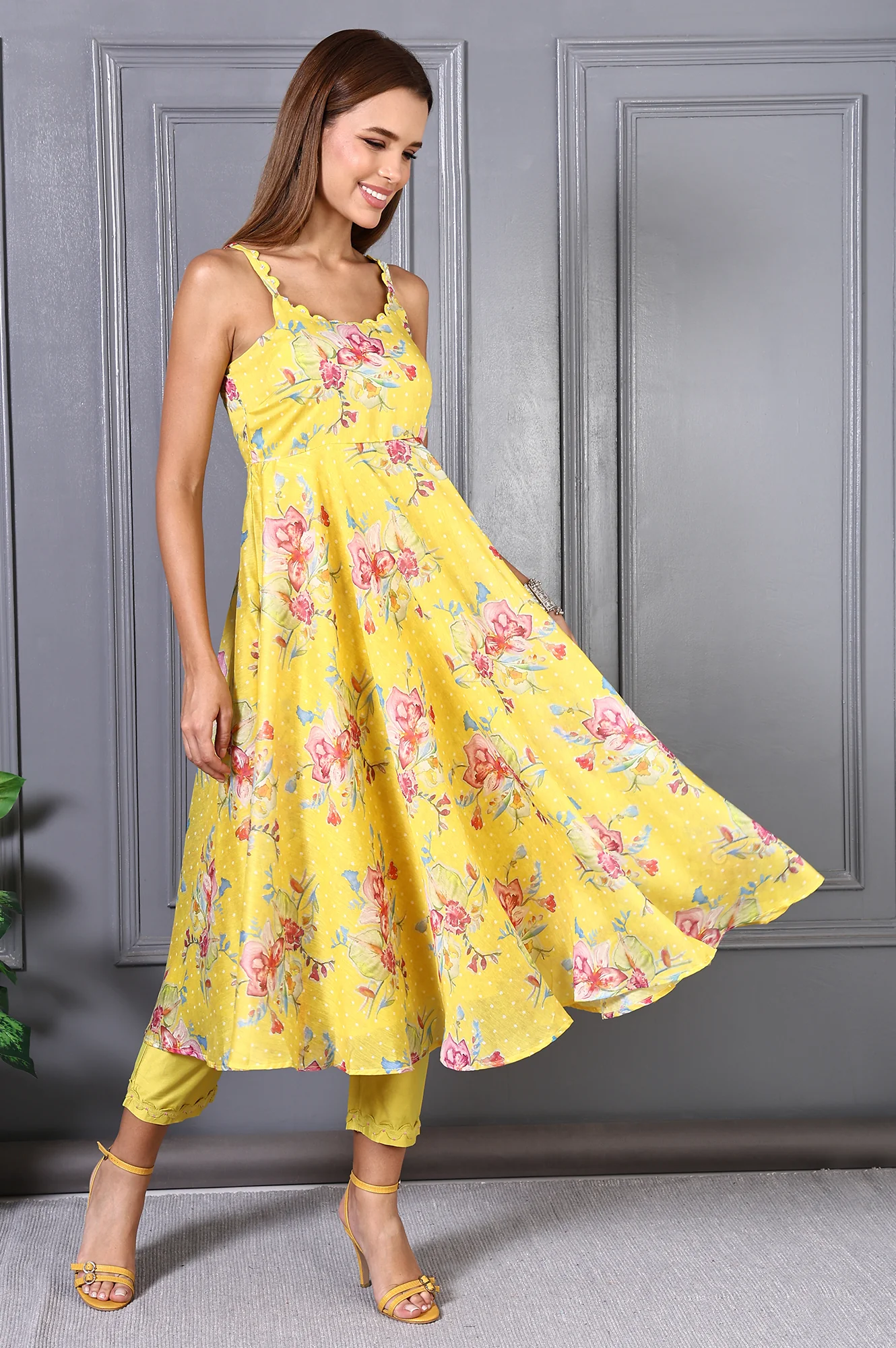 Yellow Floral Printed Beads Chanderi Flared Spaghetti Kurta, Pants and Dupatta Set - Image 6