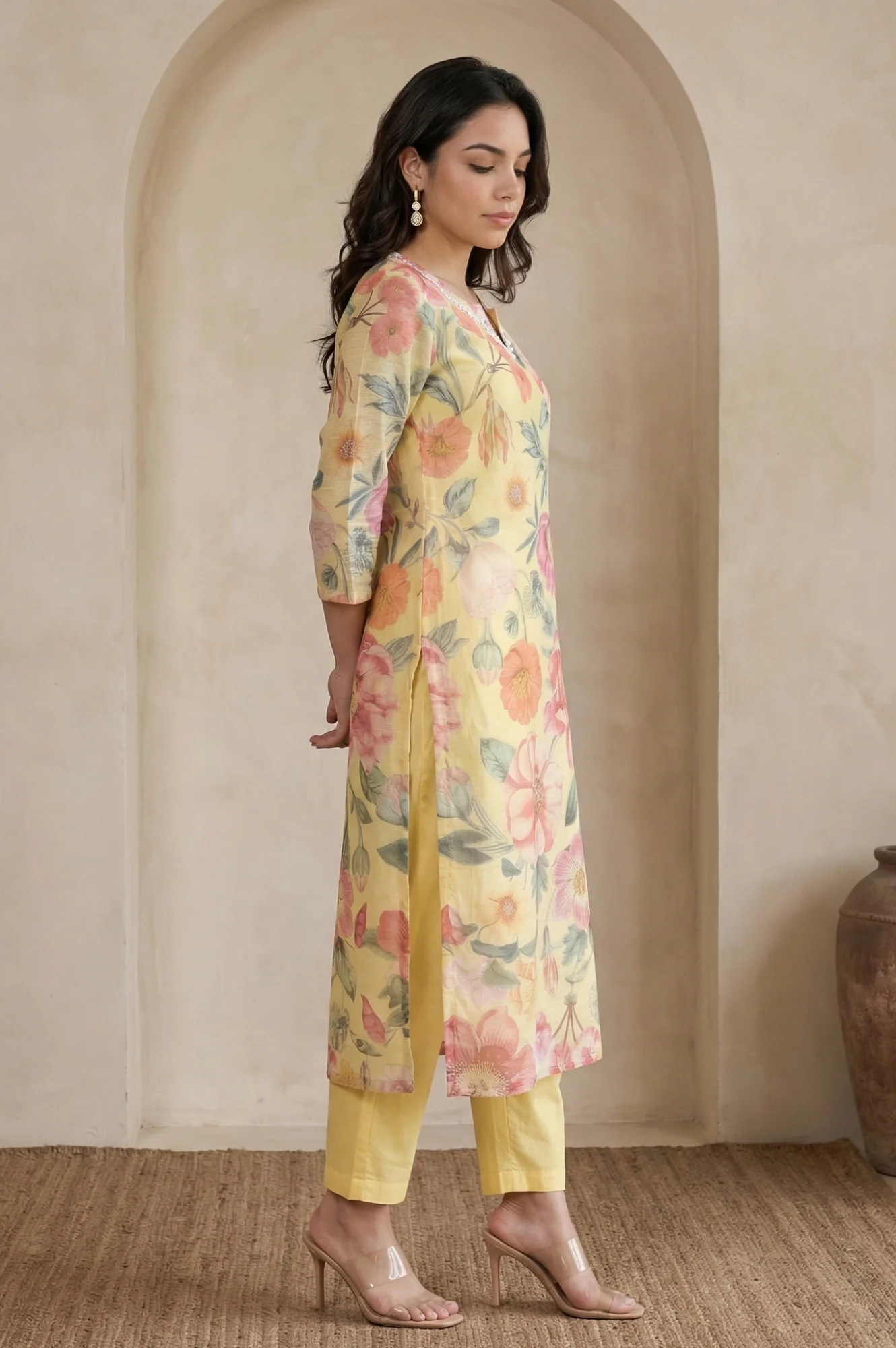 Yellow Floral Printed Beadwork Straight Kurta with Pants and Dupatta Set - Image 6
