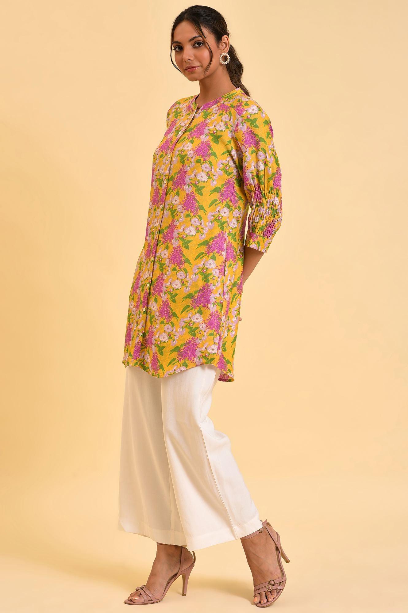 Yellow Floral Printed Button Down Tunic - Image 3