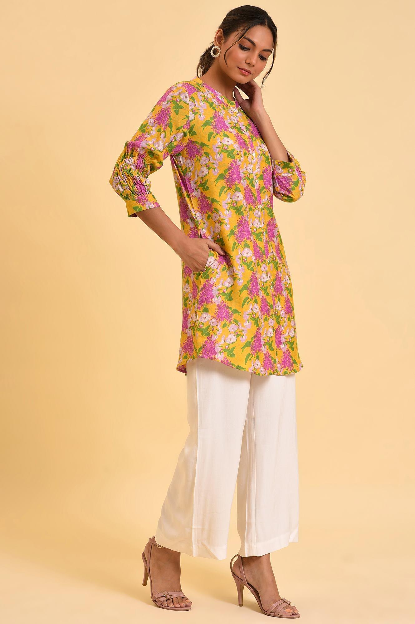 Yellow Floral Printed Button Down Tunic - Image 4