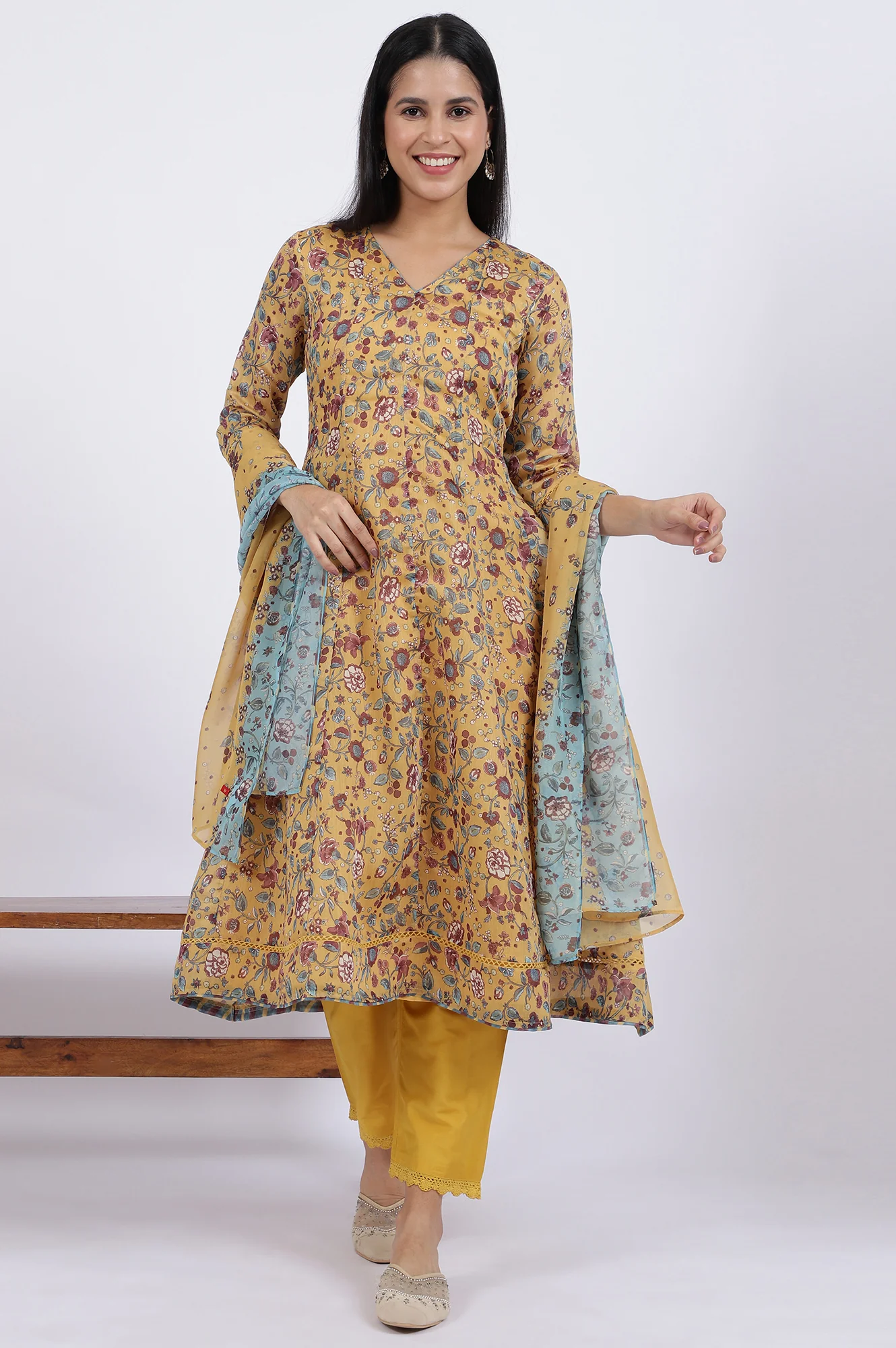 Yellow Floral Printed Chanderi Anarkali Kurta and Pants Set with Dupatta - Image 3