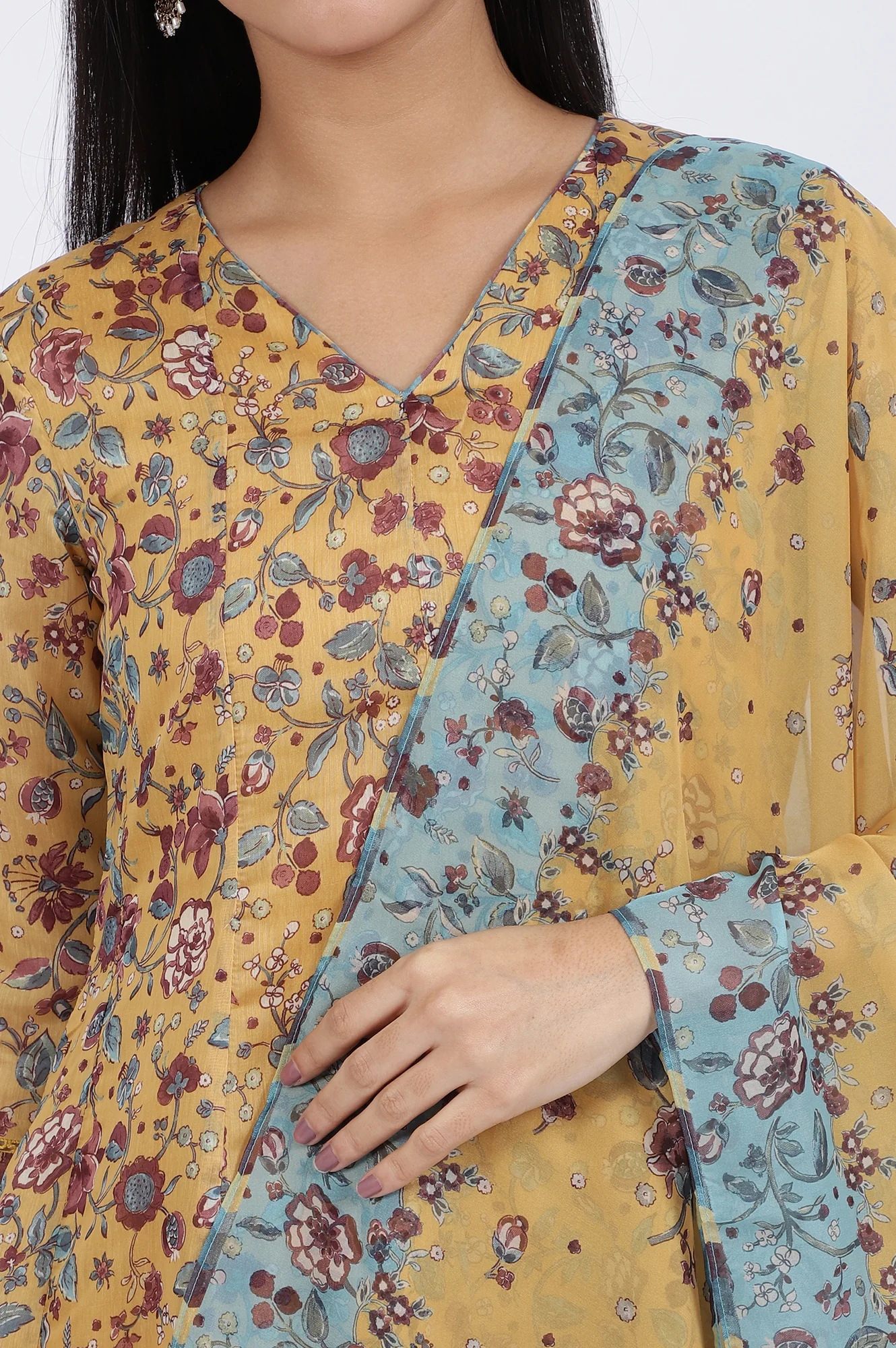 Yellow Floral Printed Chanderi Anarkali Kurta and Pants Set with Dupatta - Image 4
