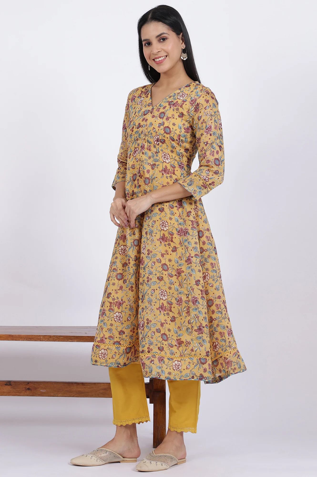 Yellow Floral Printed Chanderi Anarkali Kurta and Pants Set with Dupatta - Image 5