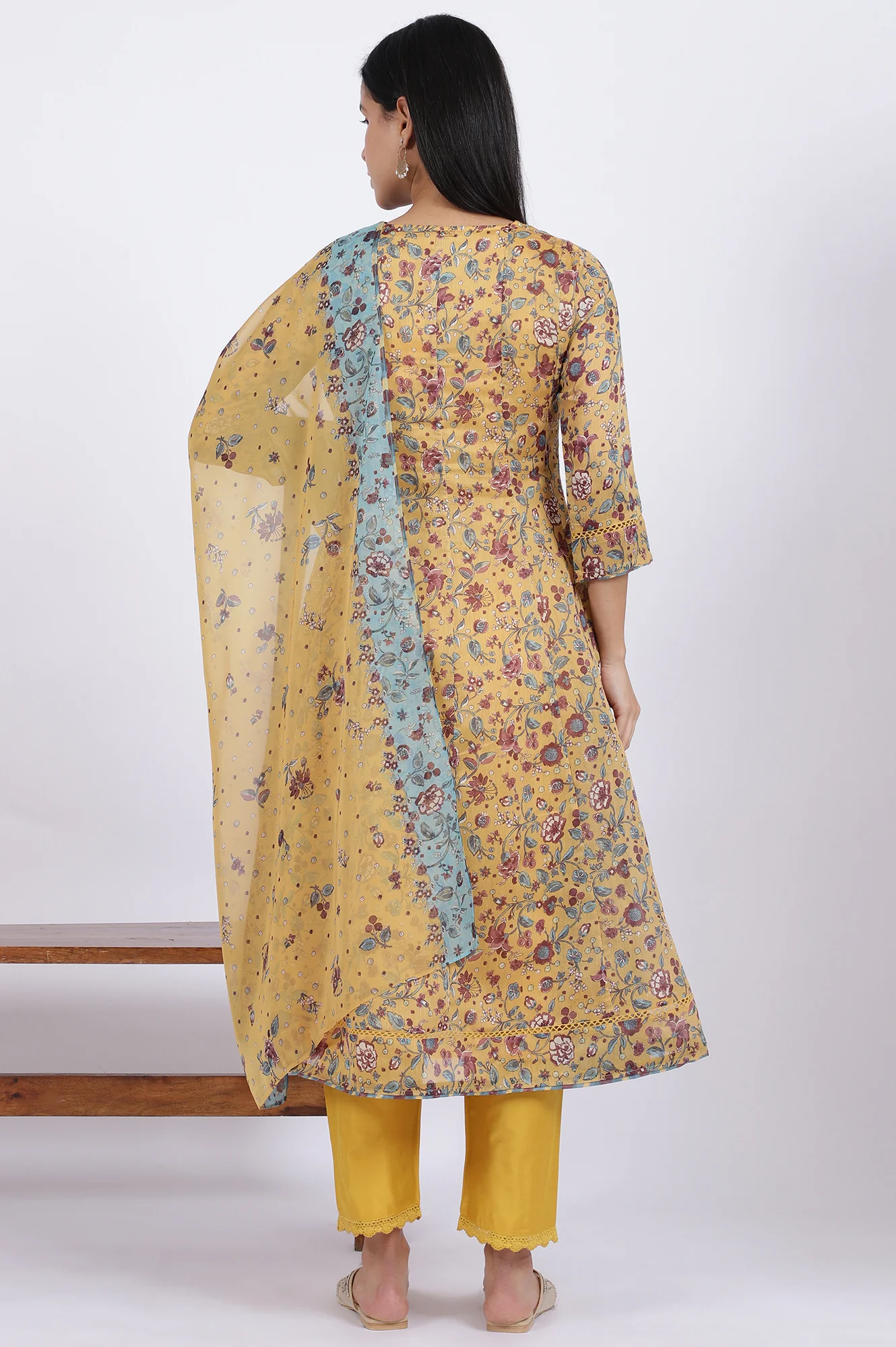 Yellow Floral Printed Chanderi Anarkali Kurta and Pants Set with Dupatta - Image 6