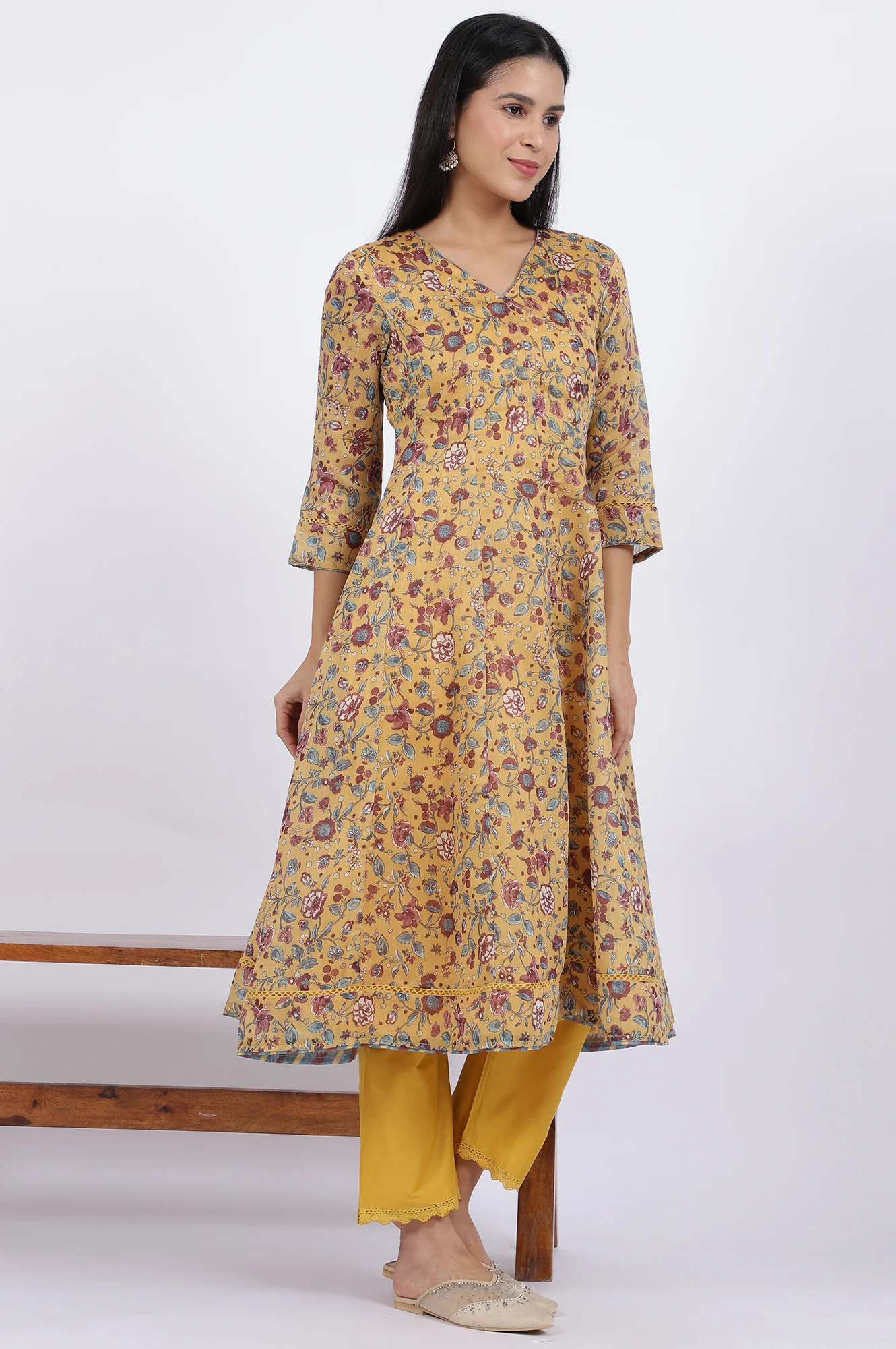 Yellow Floral Printed Chanderi Anarkali Kurta and Pants Set with Dupatta - Image 7