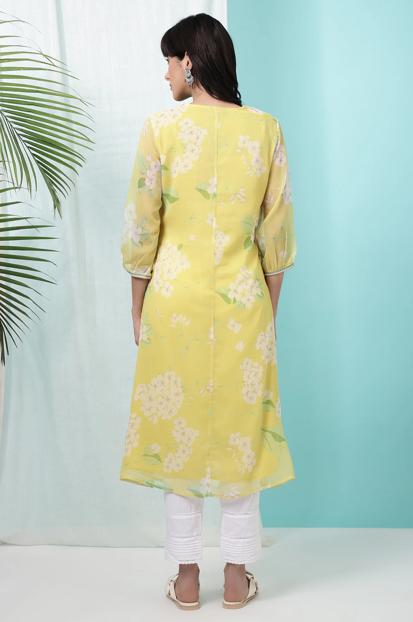 Yellow Floral Printed Chiffon Flared Kurta with Beads - Image 6