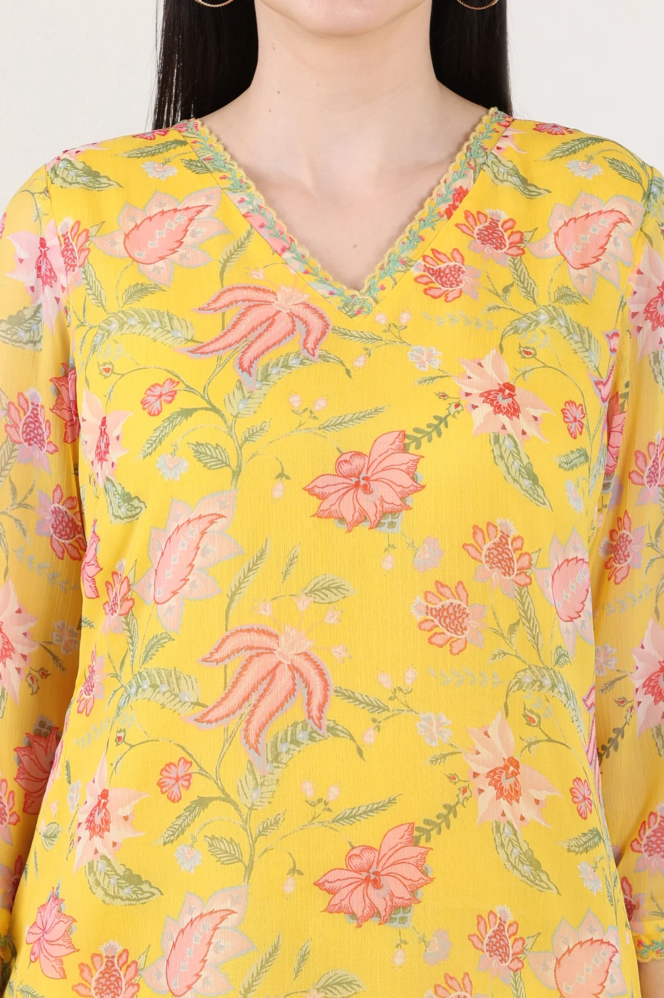 Yellow Floral Printed Chiffon Tunic With Embroidered Neckline - Image 3