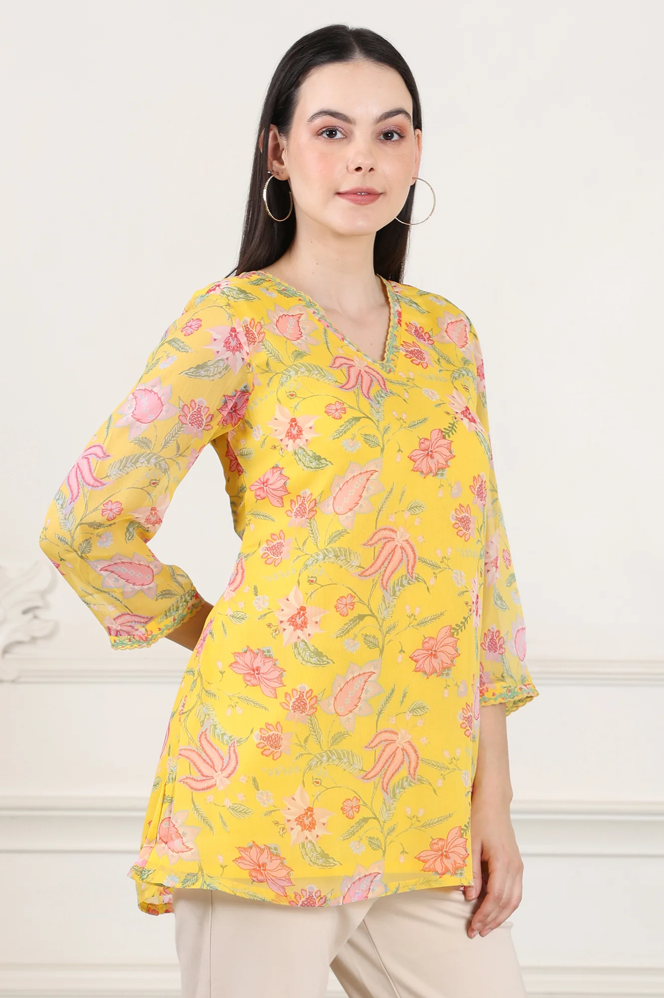 Yellow Floral Printed Chiffon Tunic With Embroidered Neckline - Image 6