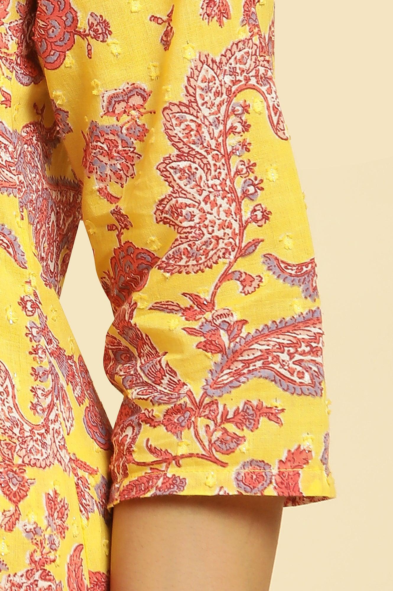 Yellow Floral Printed Cotton Kurta And Pants Co-Ord Set - Image 7
