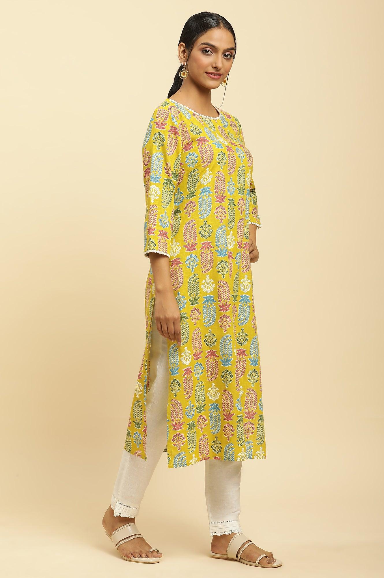Yellow Floral Printed Cotton Kurta With Lace - Image 5