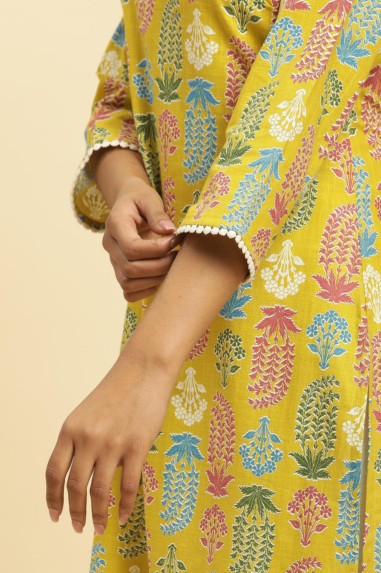 Yellow Floral Printed Cotton Kurta With Lace - Image 7