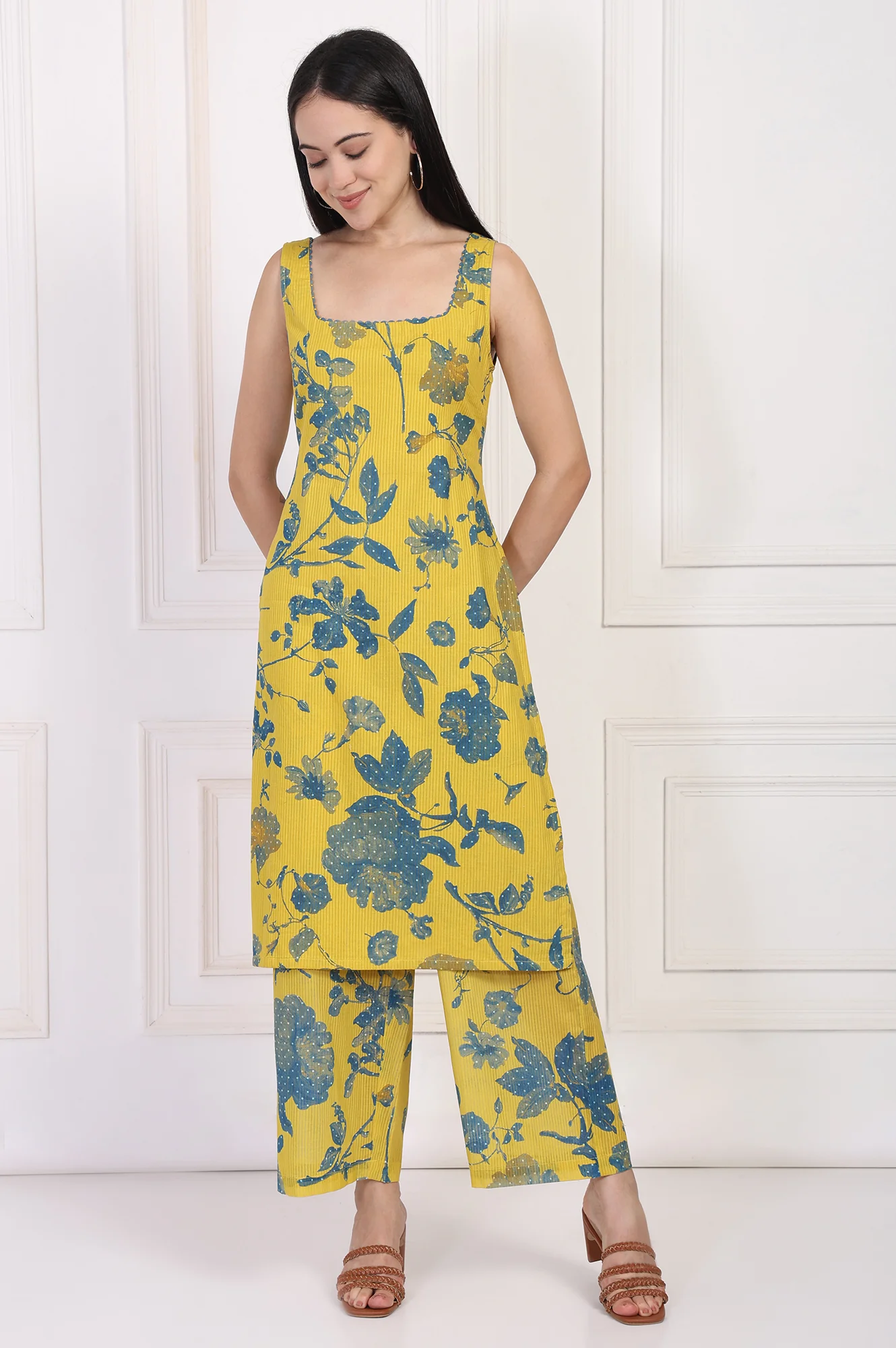 Yellow Floral Printed Cotton Straight Kurta with Parallel Pant Set