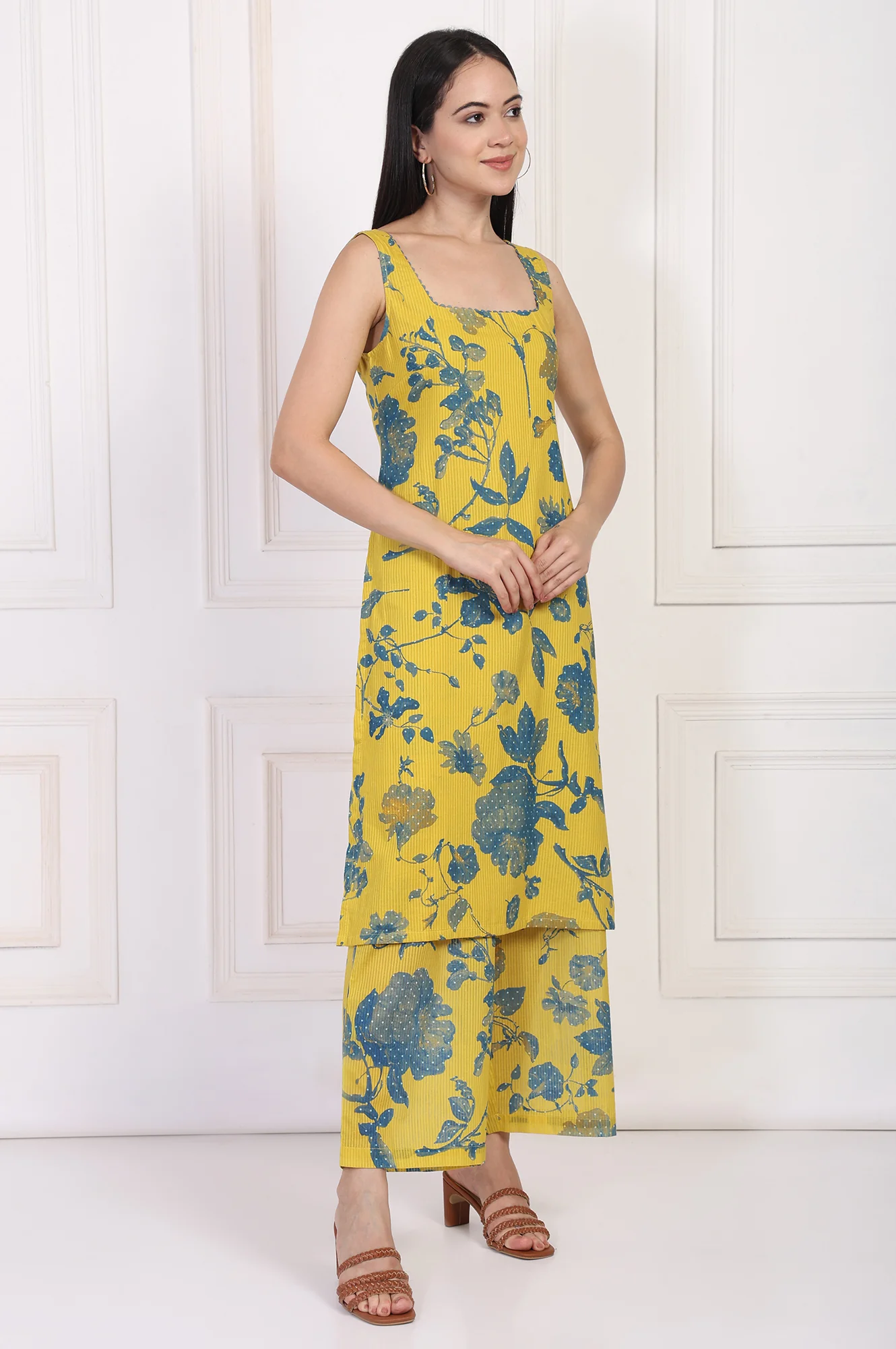 Yellow Floral Printed Cotton Straight Kurta with Parallel Pant Set - Image 6