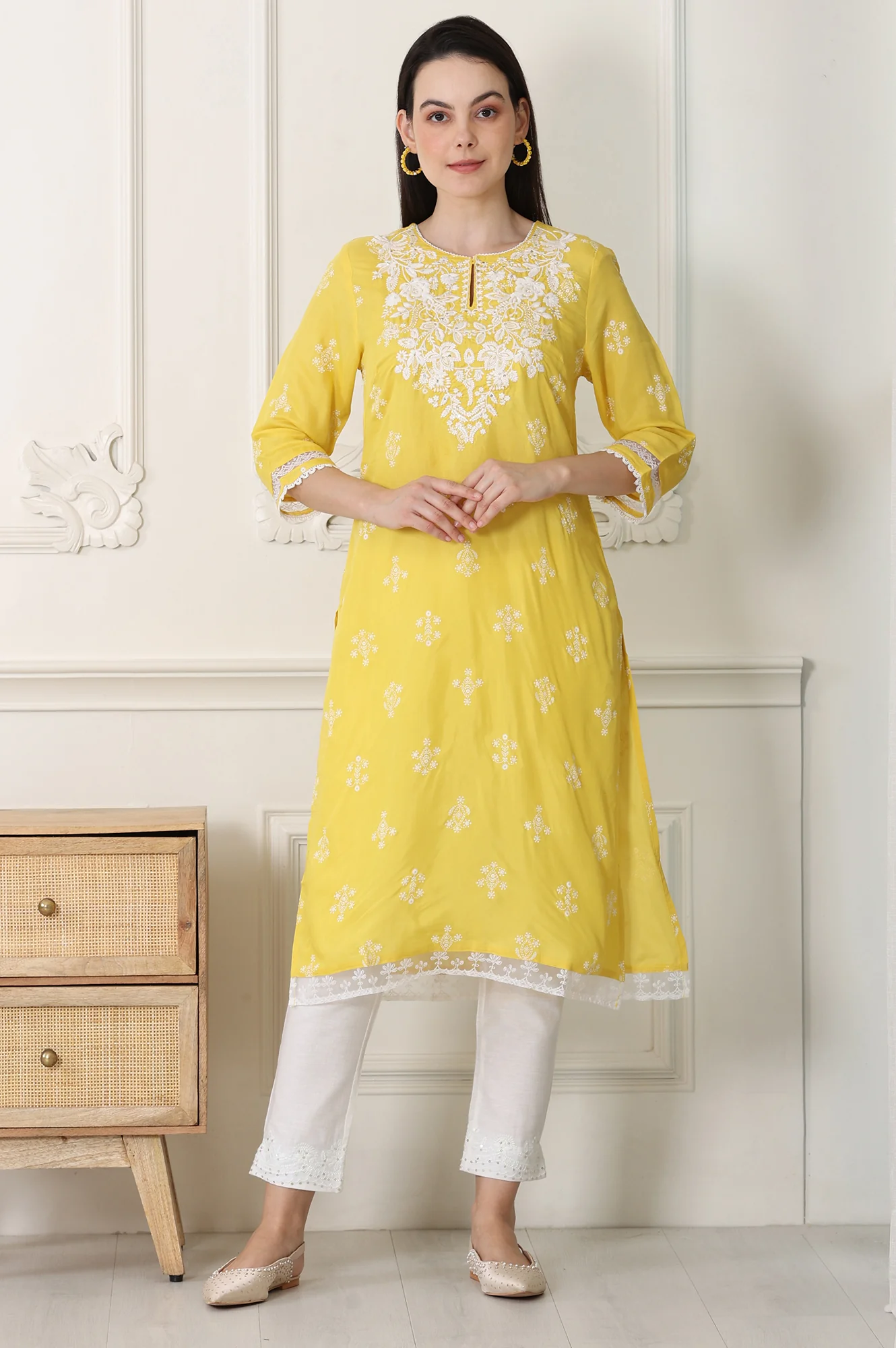 Yellow Floral Printed Dull Shantung Chikankari Straight Kurta - Image 2