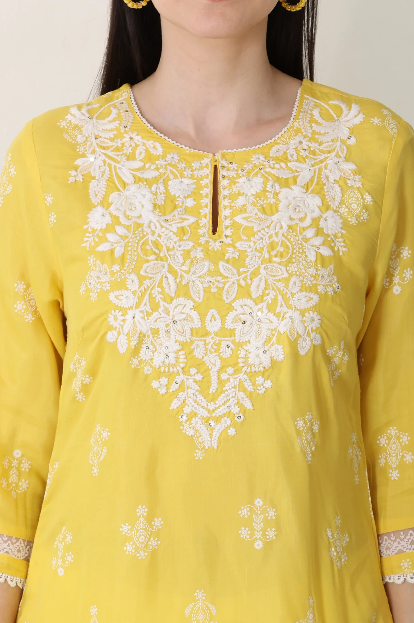 Yellow Floral Printed Dull Shantung Chikankari Straight Kurta - Image 3