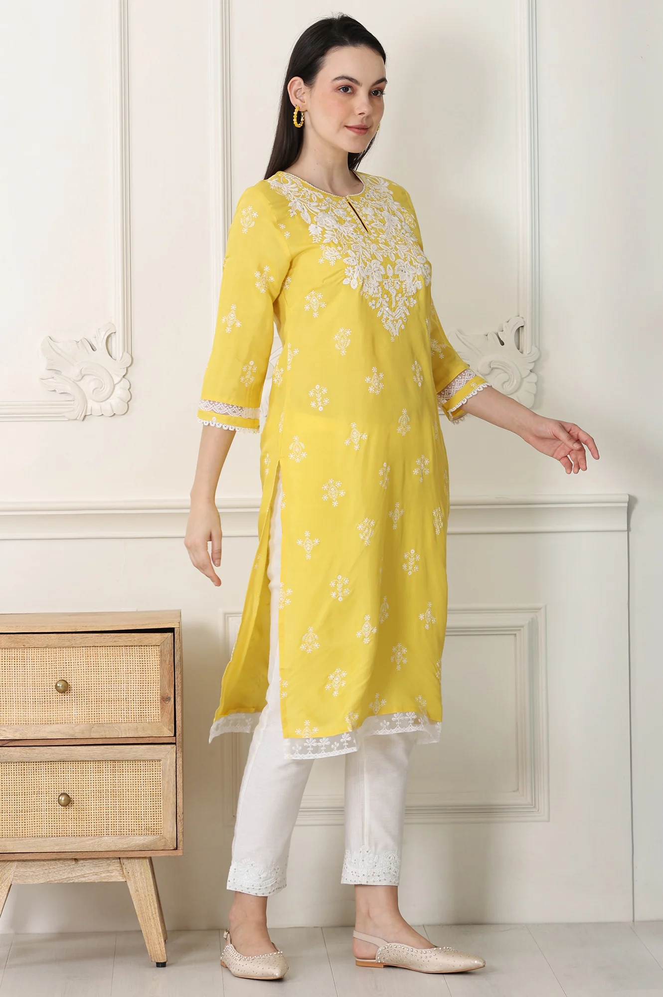 Yellow Floral Printed Dull Shantung Chikankari Straight Kurta - Image 6