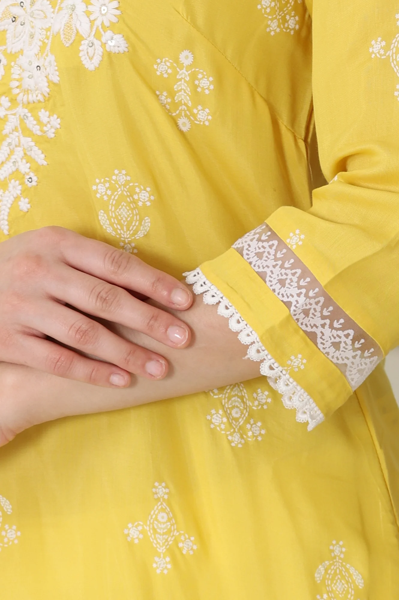 Yellow Floral Printed Dull Shantung Chikankari Straight Kurta - Image 7