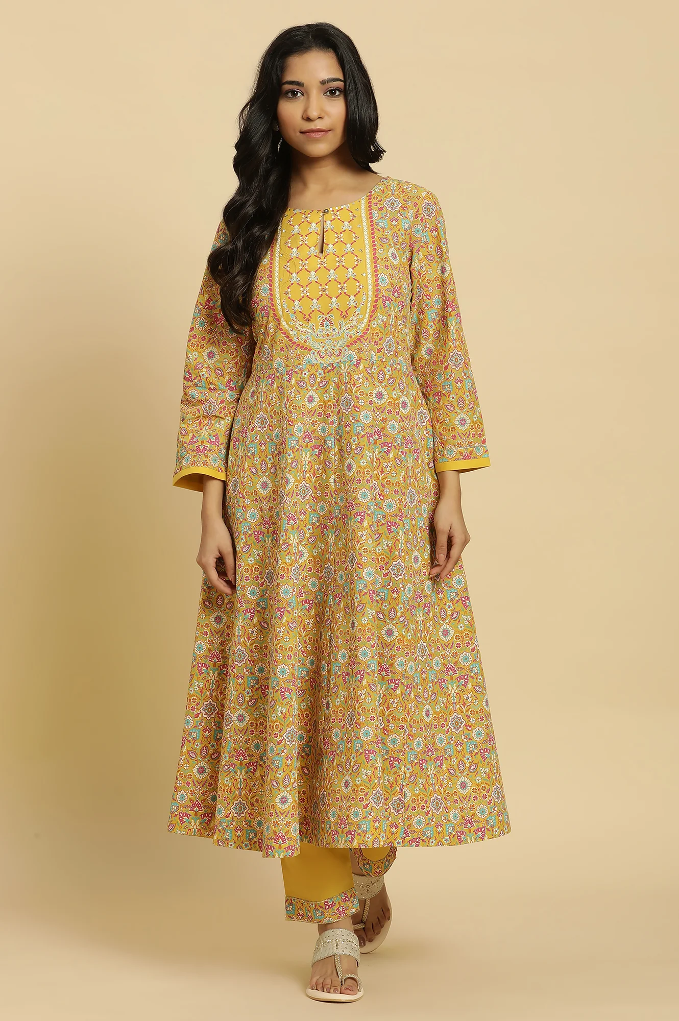 Yellow Floral Printed Flared Kurta And Pants Set - Image 2