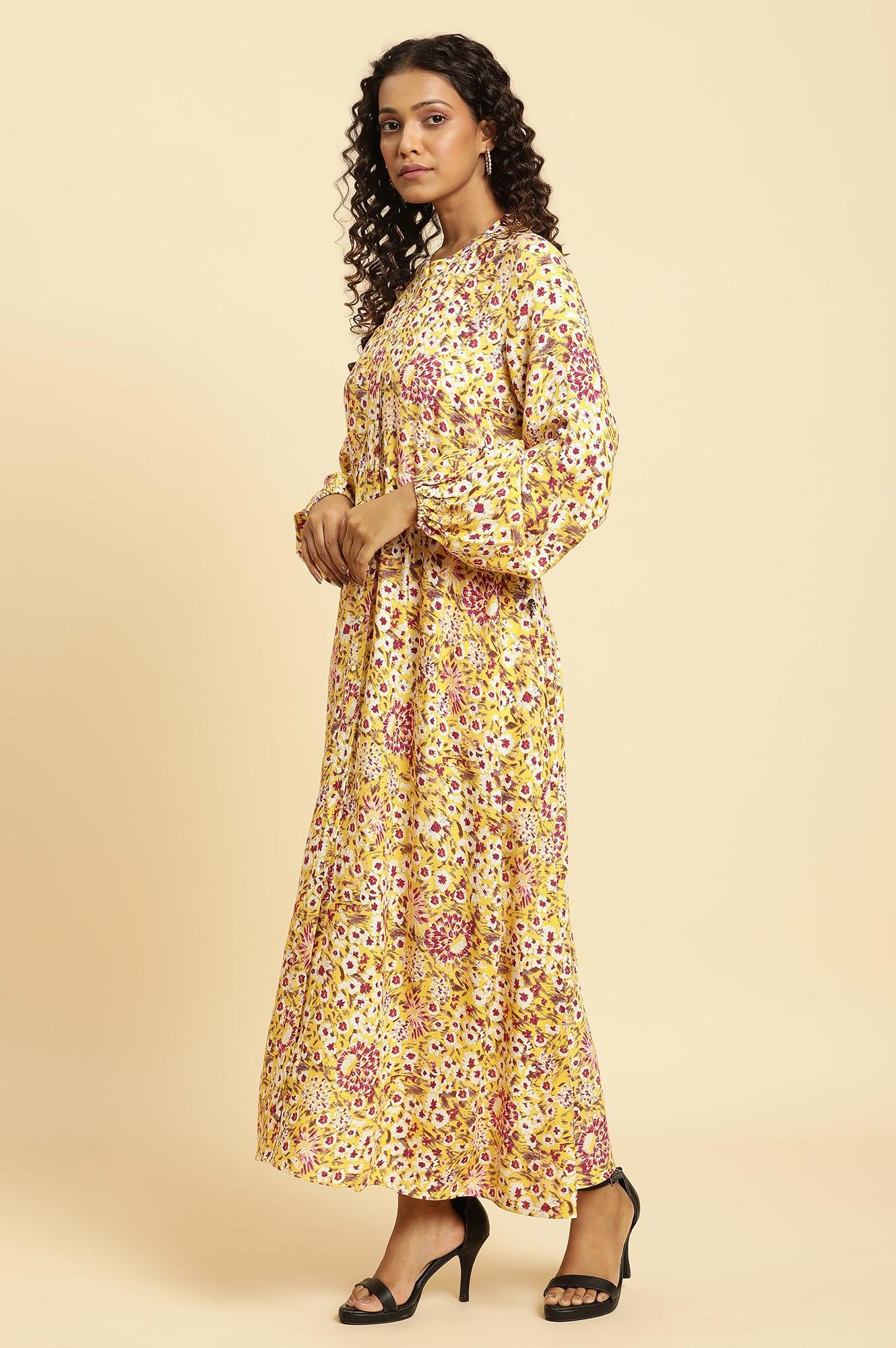 Yellow Floral Printed Flared Western Dress - Image 3
