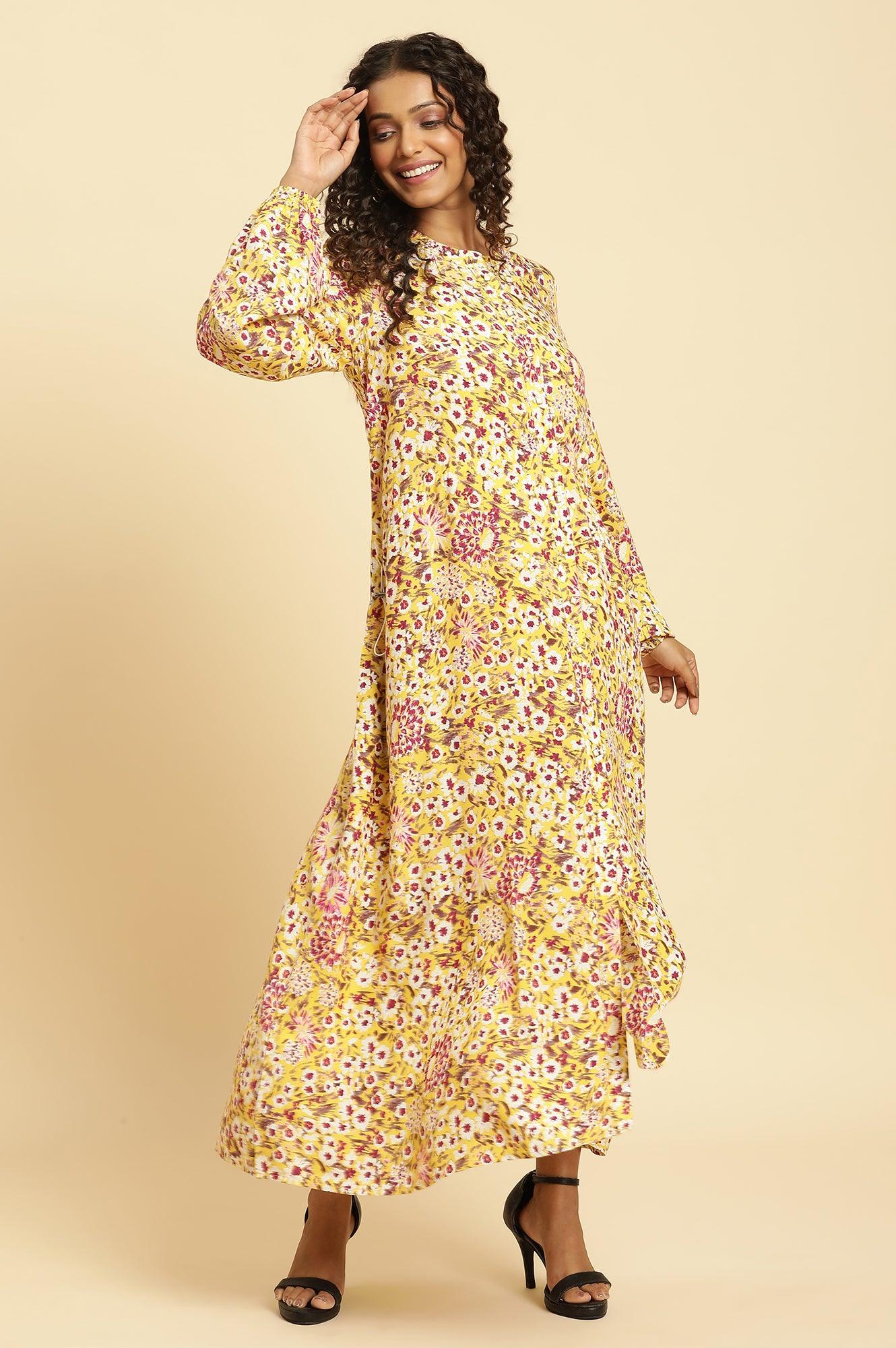 Yellow Floral Printed Flared Western Dress - Image 5