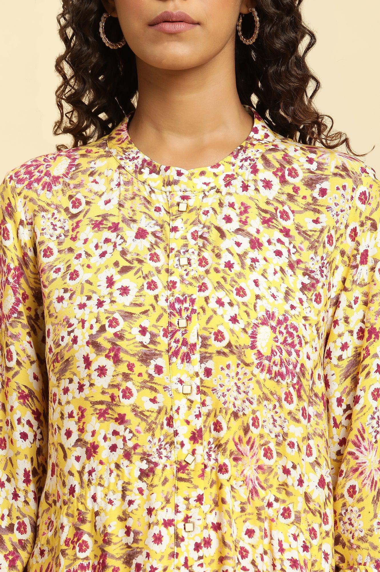 Yellow Floral Printed Flared Western Dress - Image 6