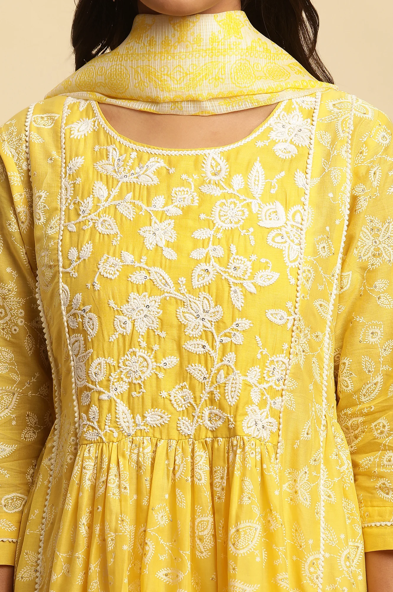 Yellow Floral Printed Kurta, Pants and Dupatta Set - Image 7