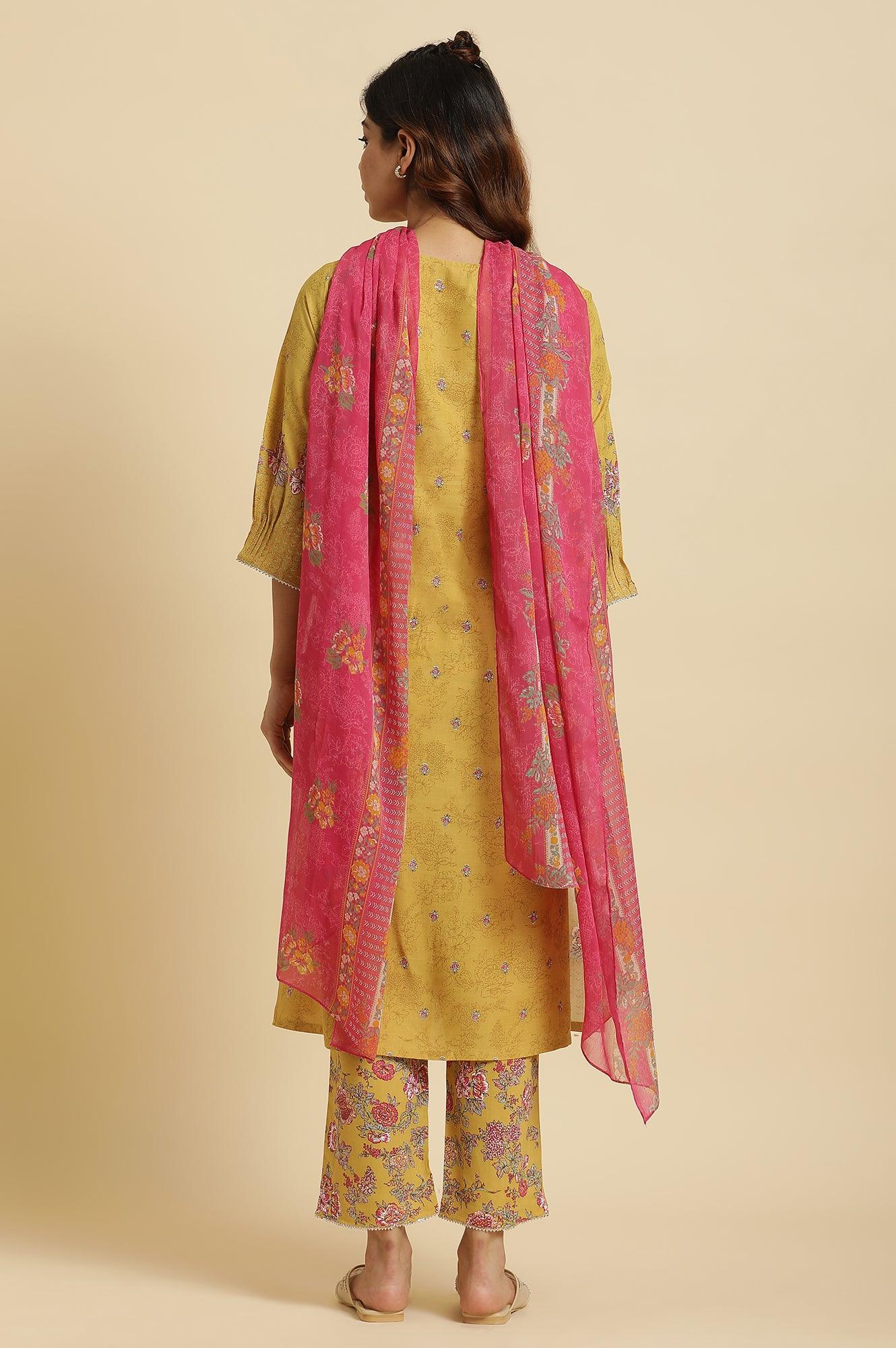 Yellow Floral Printed Kurta, Pants And Pink Dupatta Set - Image 4