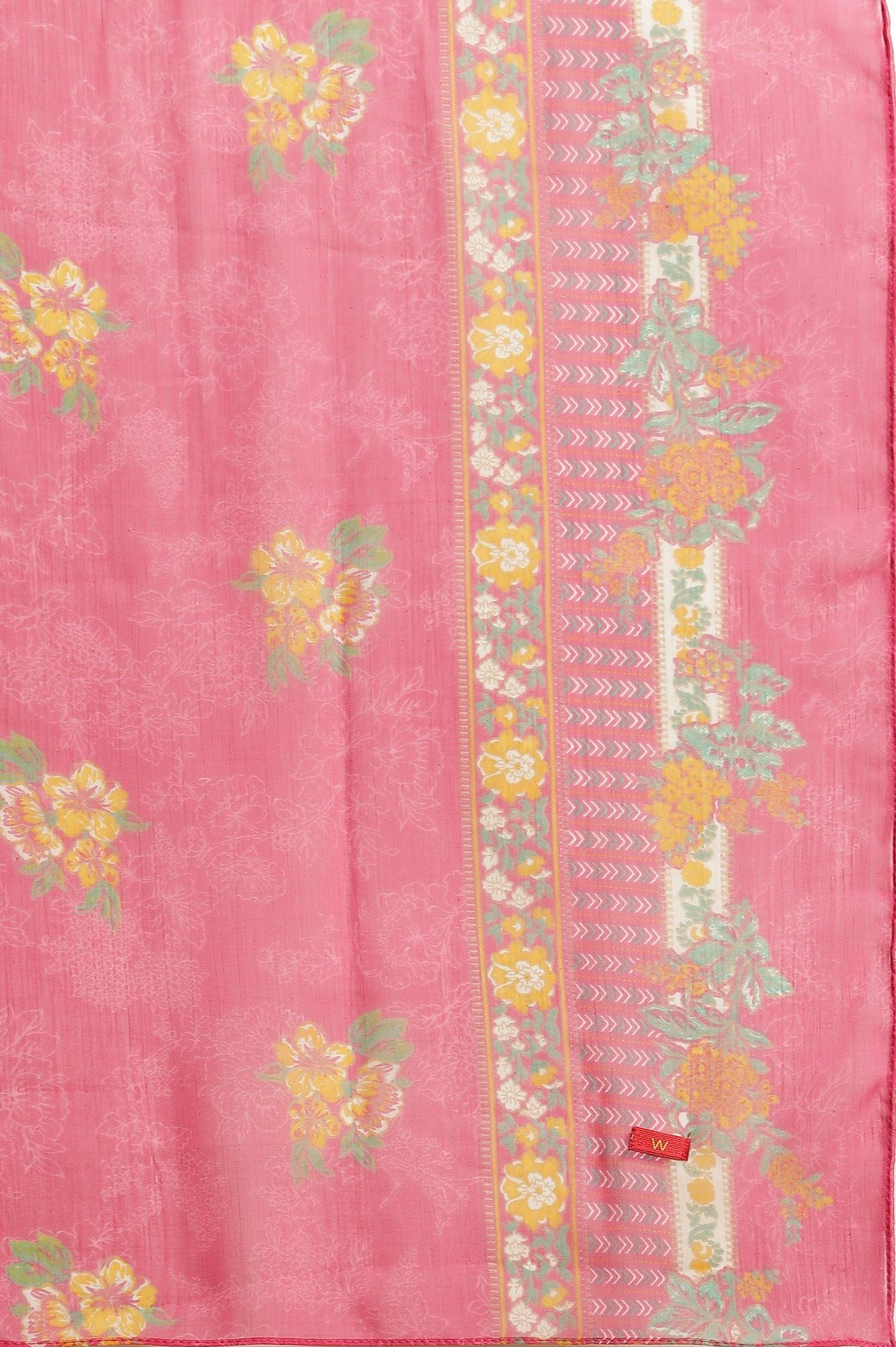 Yellow Floral Printed Kurta, Pants And Pink Dupatta Set - Image 9