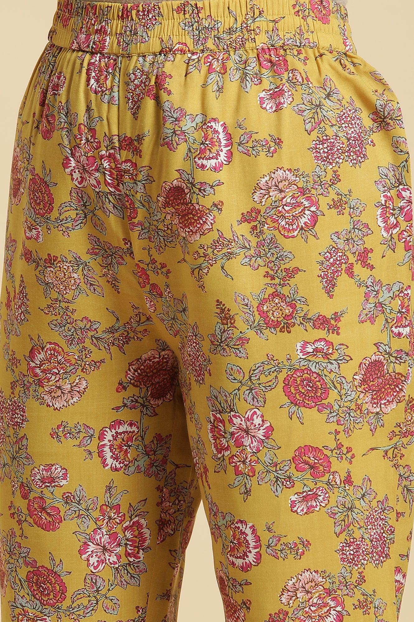 Yellow Floral Printed Kurta and Pants Set with Pink Dupatta - Image 8