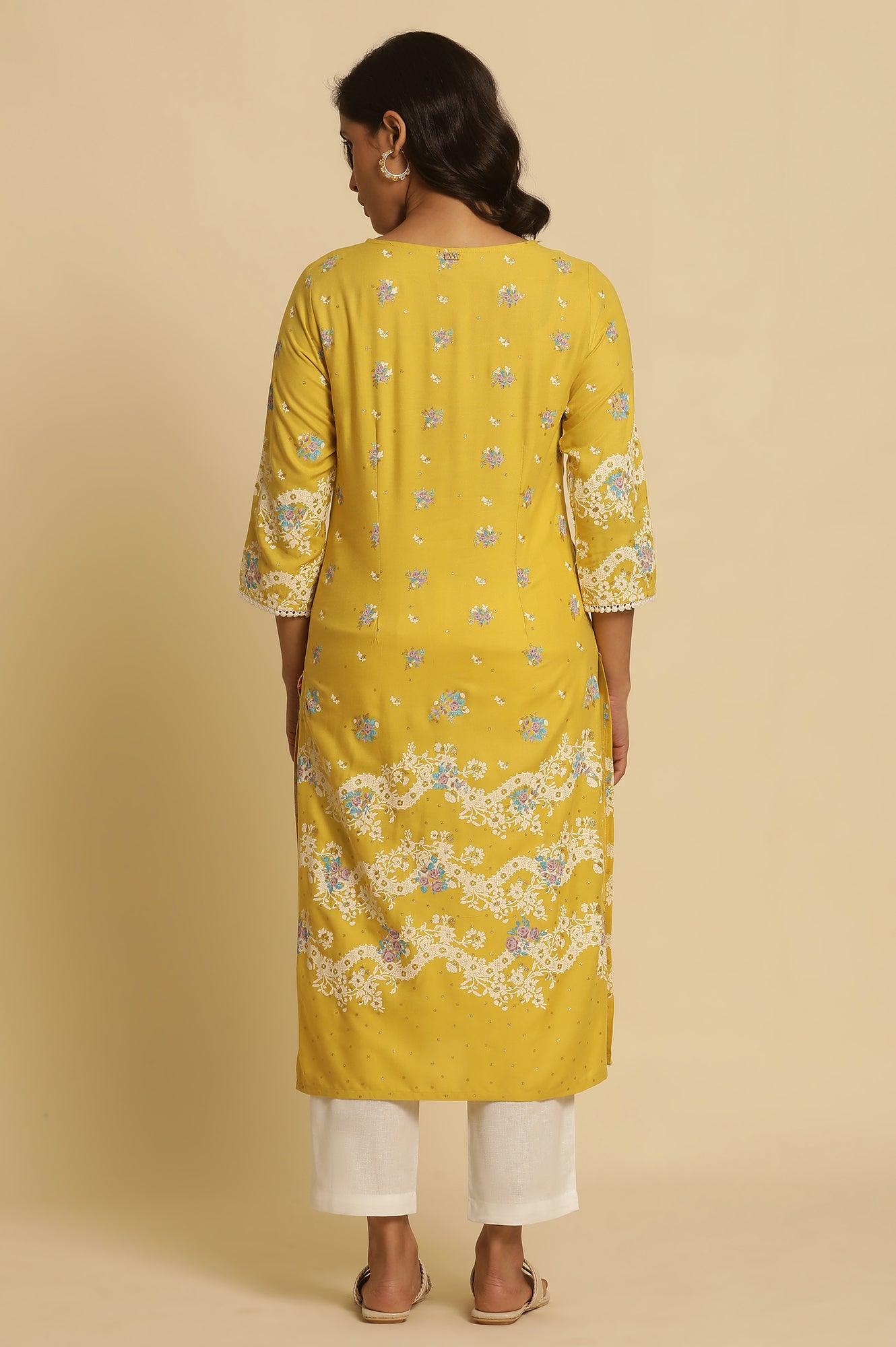Yellow Floral Printed Kurta With Embroidery - Image 4