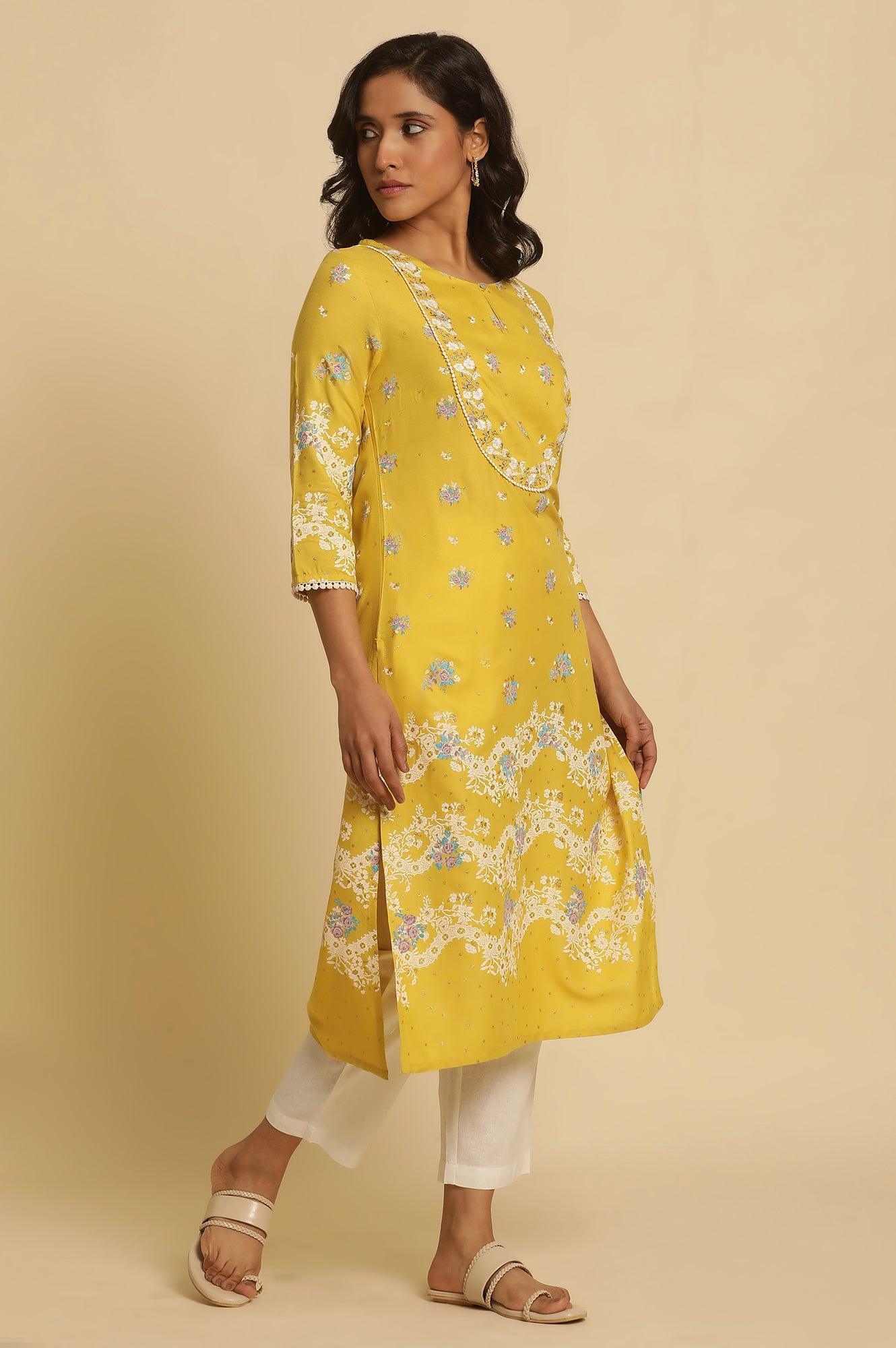 Yellow Floral Printed Kurta With Embroidery - Image 5