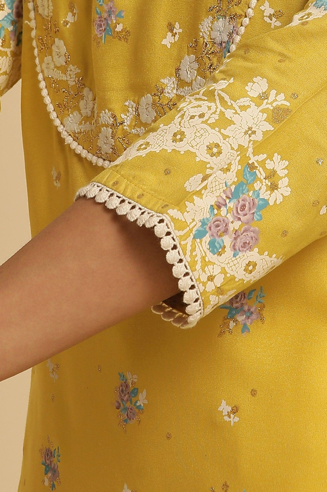 Yellow Floral Printed Kurta With Embroidery - Image 7