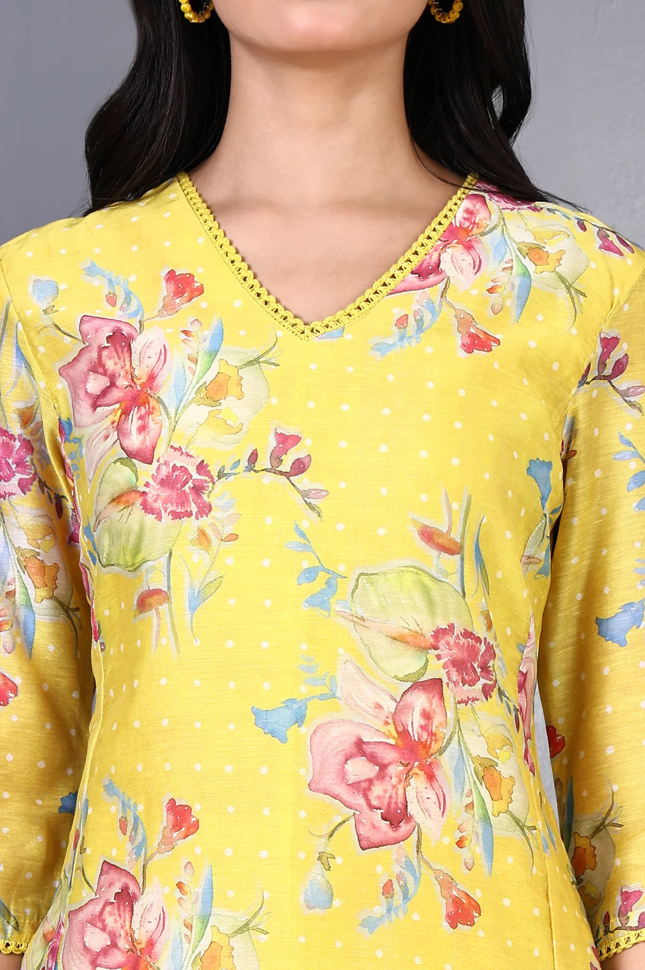 Yellow Floral Printed Lace Chanderi Flared Kurta - Image 3