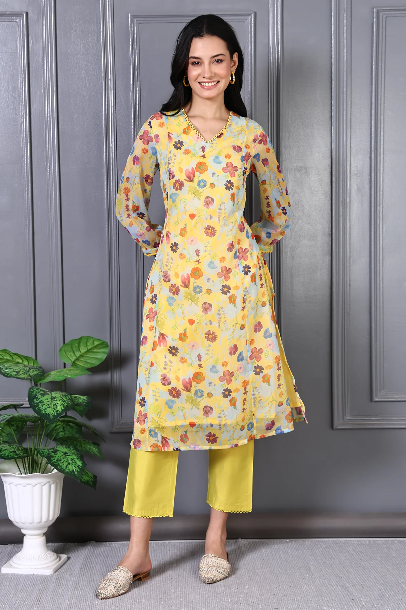 Yellow Floral Printed Lace Chiffon A-line Kurta - Image 2