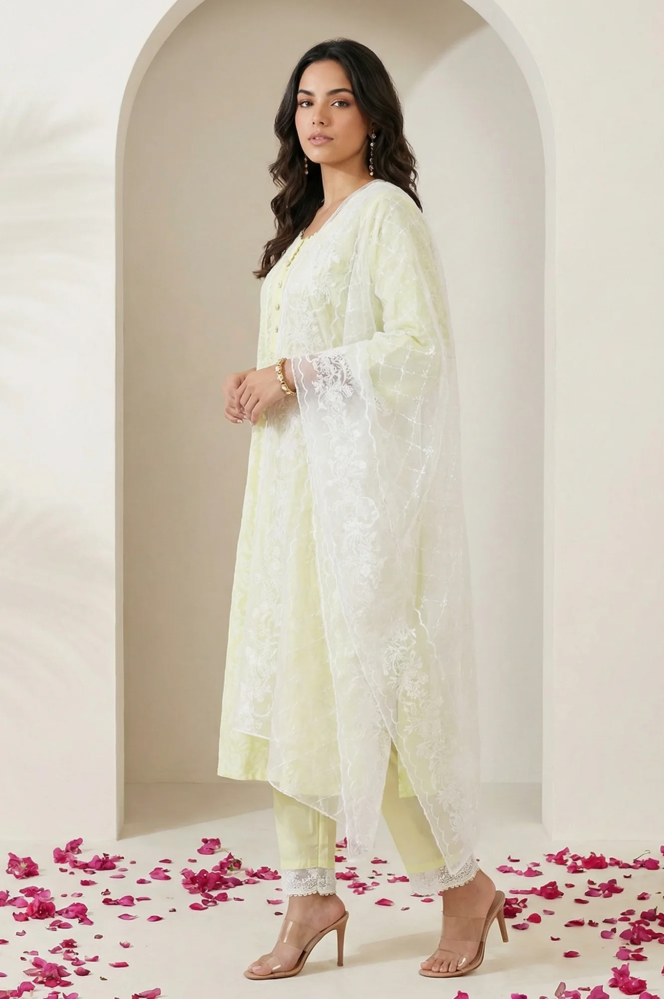 Yellow Floral Printed Lace Pure Cotton Straight Kurta with Straight Pants and Dupatta Set - Image 3