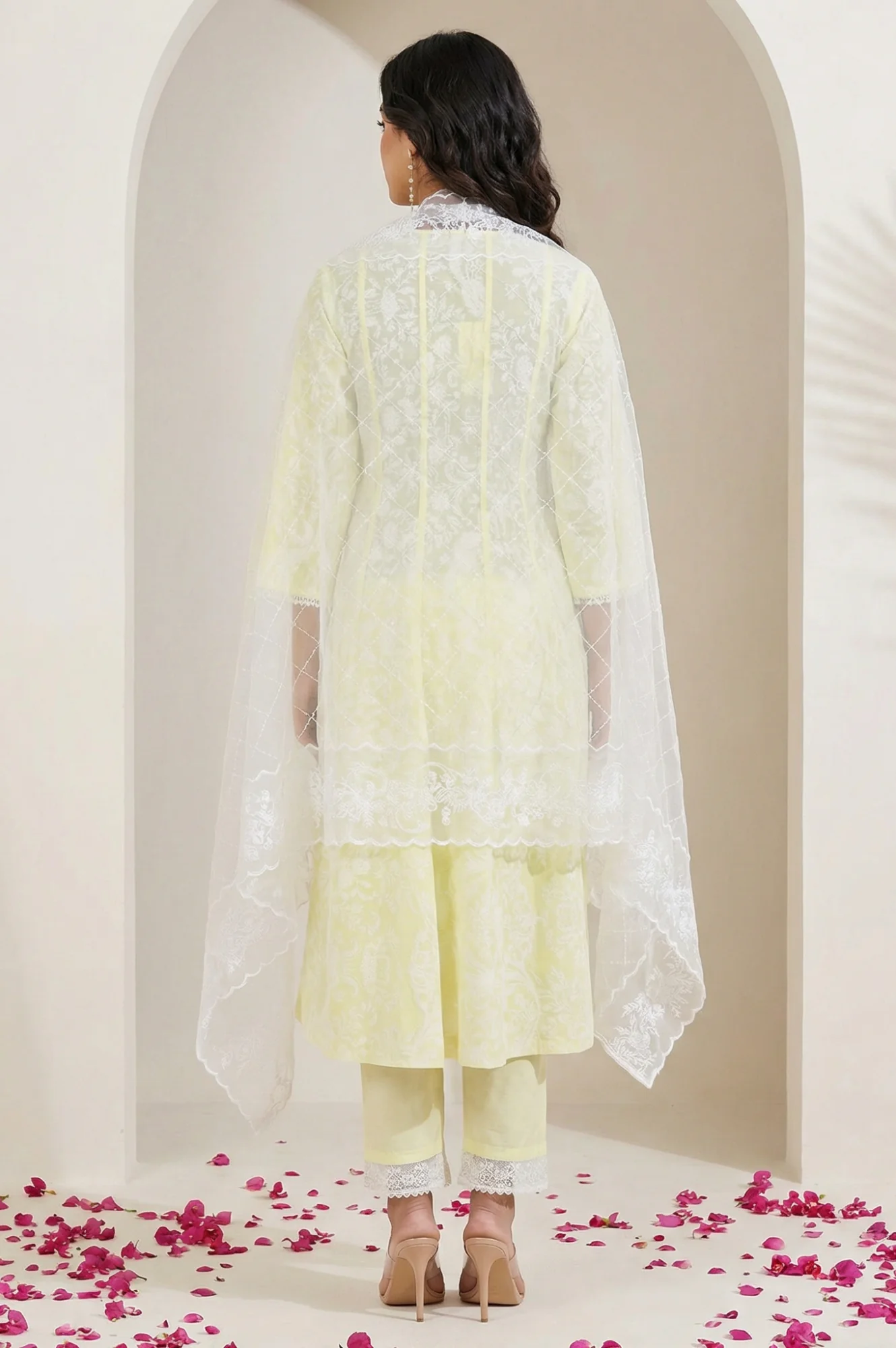Yellow Floral Printed Lace Pure Cotton Straight Kurta with Straight Pants and Dupatta Set - Image 4
